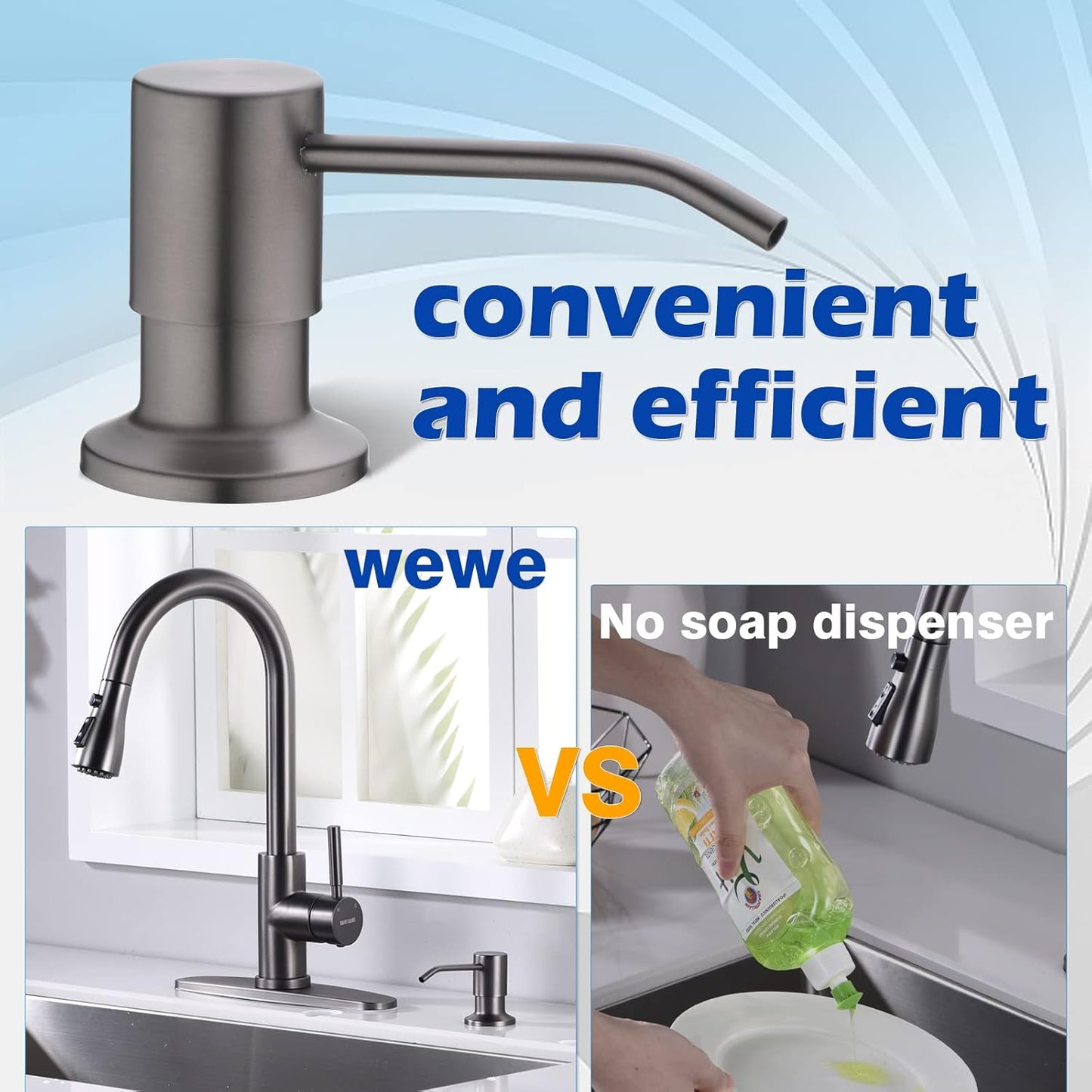 WEWE in Counter Soap Dispenser for Sink, Kitchen Faucet Soap Dispenser Kitchen Sink Matte Gray Black Stainless Steel Under Counter for Dish Detergent Liquid Sink