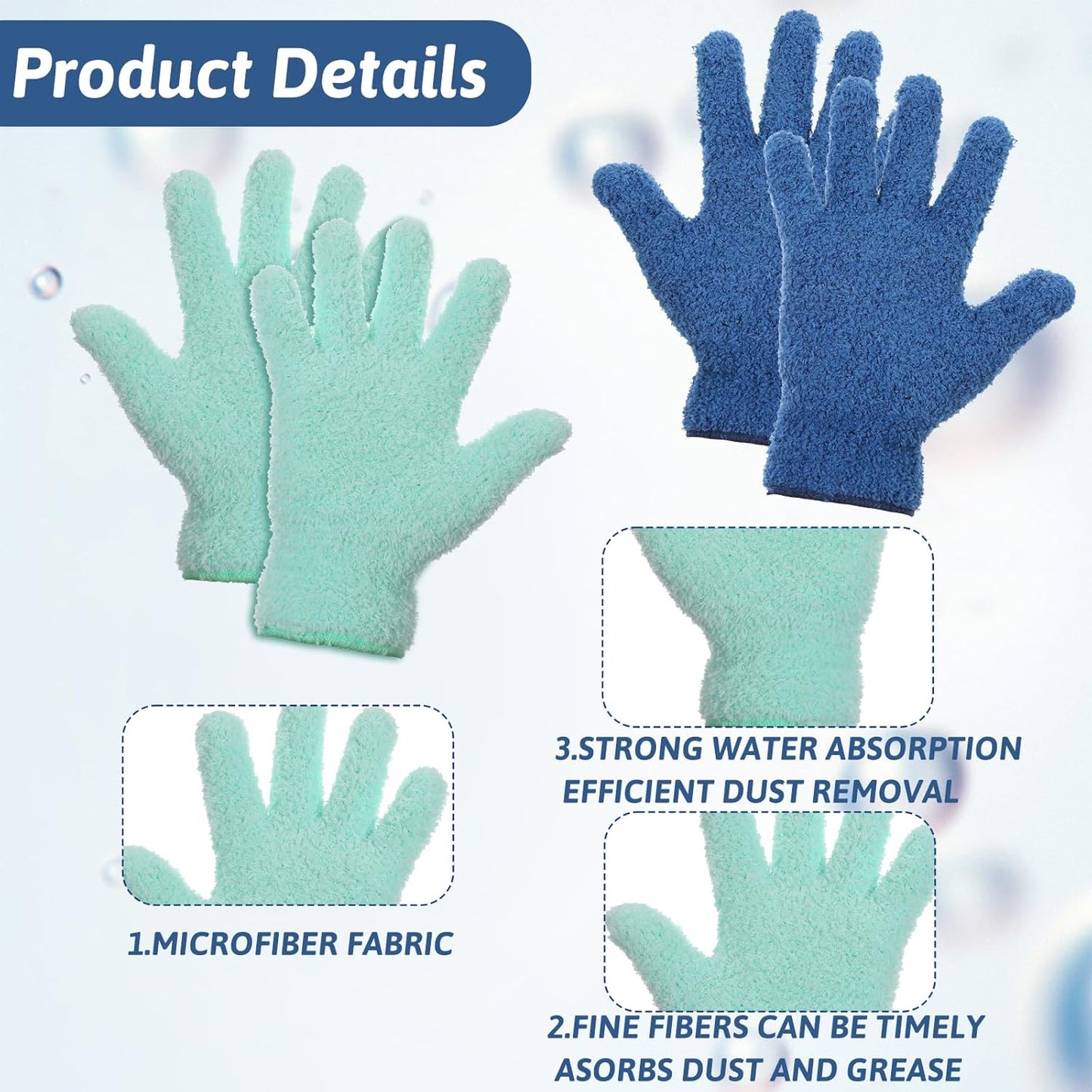 2 Pairs Microfiber Plant Dusting Gloves, Water Blue & Dark Blue Kitchen Indoor Gloves Reusable Washable Cleaning Mittens Dusting Glove for Indoor Plants Blinds Furniture House