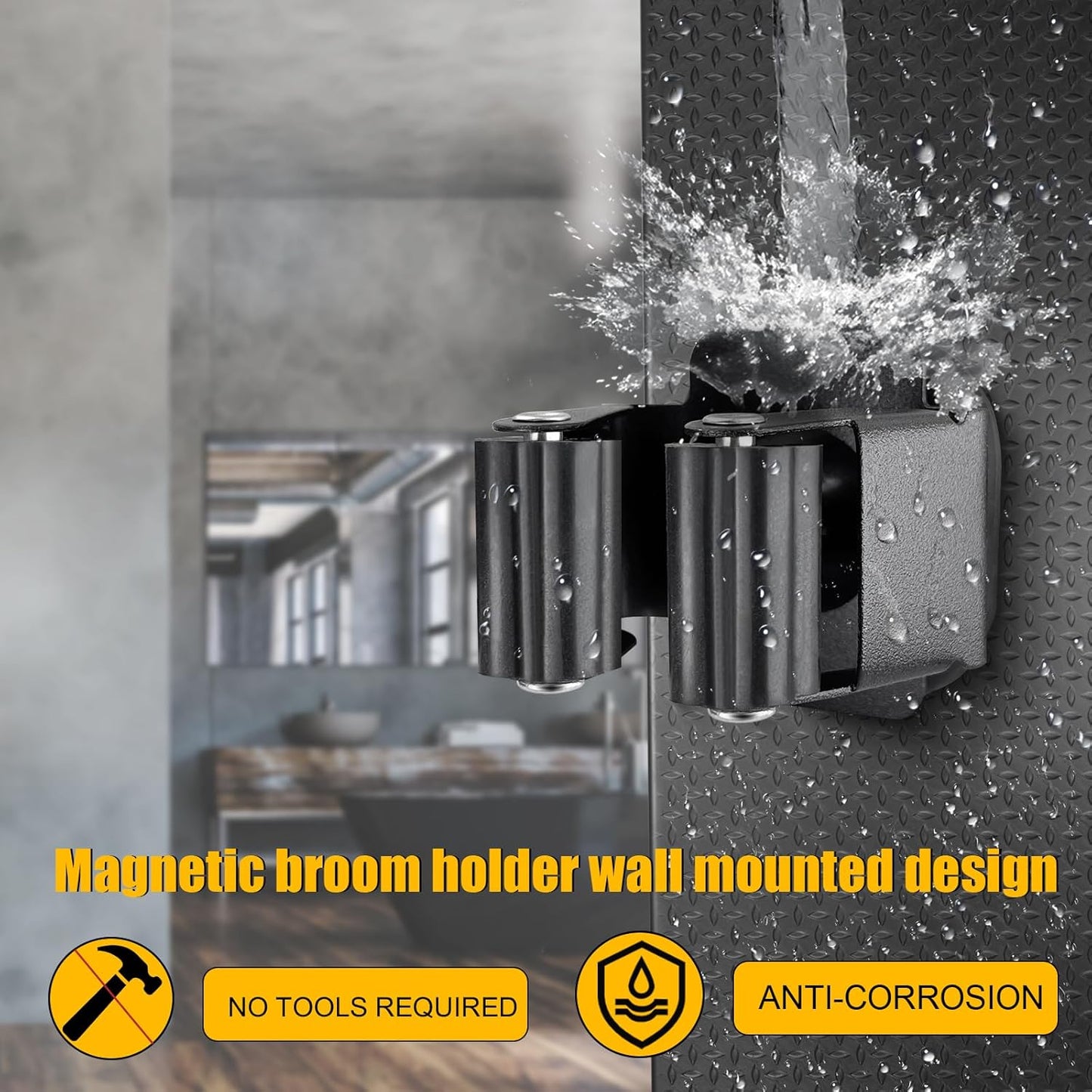 Upgraded Magnetic Broom and Mop Holder Wall Mount, Space-Saving Heavy Duty No Drill Over the Door Broom Gripper RV Camper Wall Organizer,Black,4 Pcs