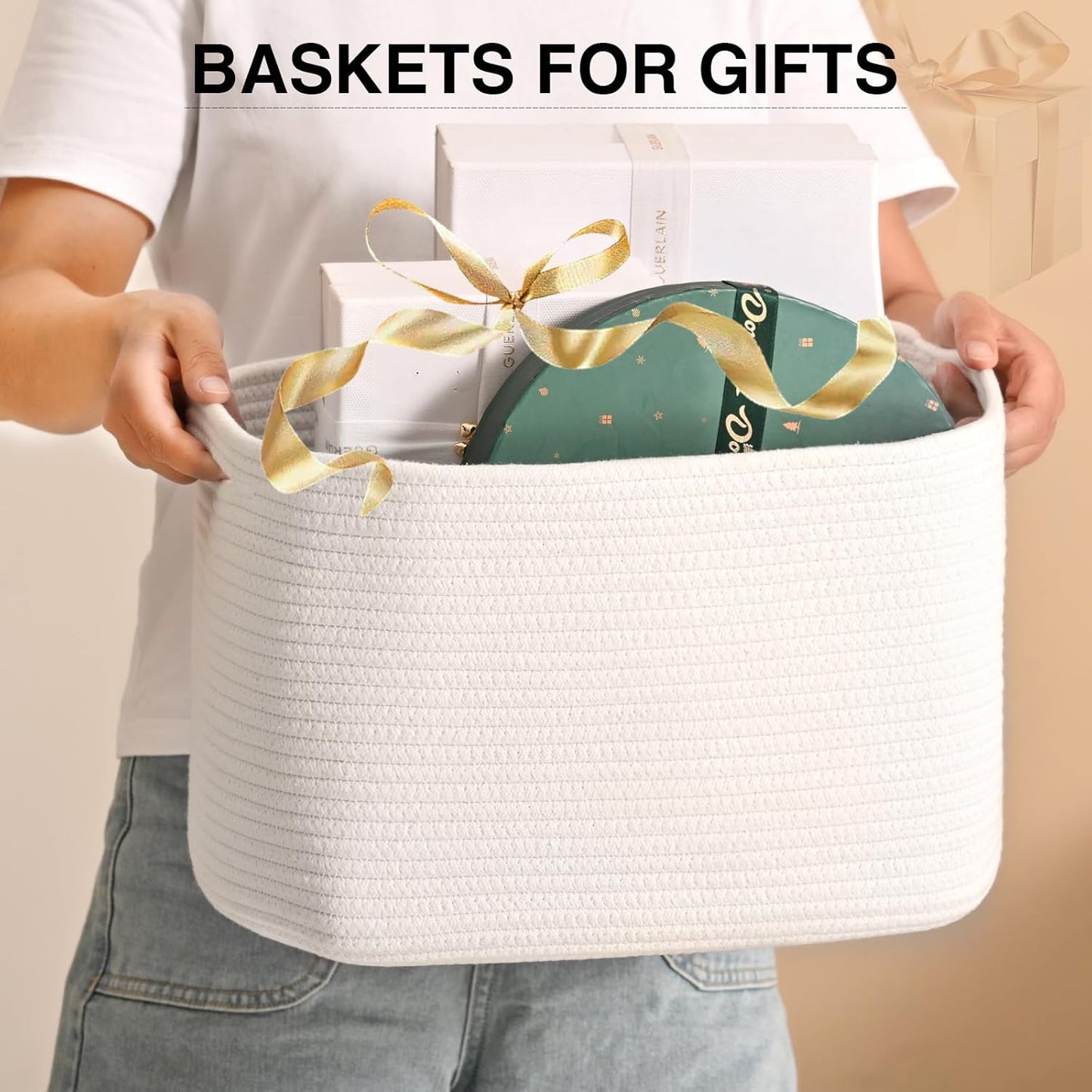 Woven Cotton Rope Storage Basket for Organizing, Cute Decorative Baskets for Gifts Empty, Organizer Bins for Dog Toy, Baby Laundry, 15“×11”×9.5“, Off White