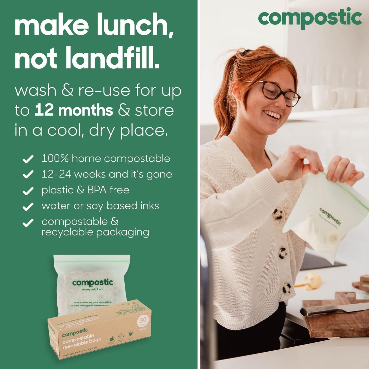 Compostic Home Compostable Resealable Sandwich Bags (7"x7"), Microwave & Freezer Safe, Organic Food Storage Container, 100 Count (Pack of 2)
