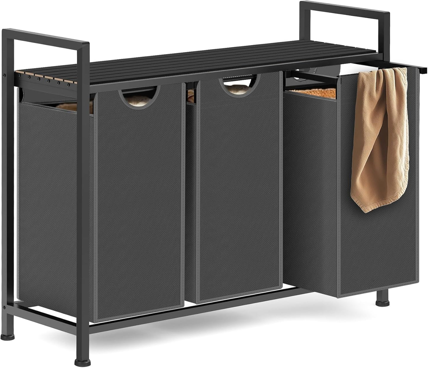 Laundry Hamper, Laundry Sorter with 3 Pull-Out Removable Oxford Fabric Bags Cloth Laundry Basket 3 x 10 Gallons (Grey and Charcoal Black)