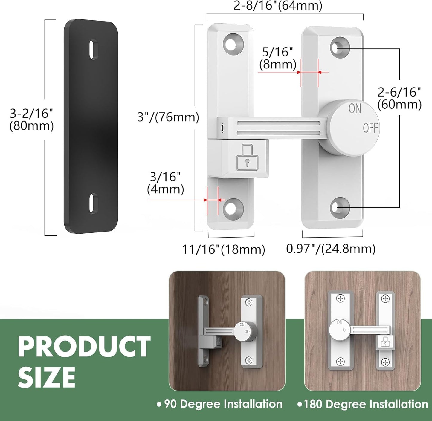 Barn Door Lock Latch, 90/180 Degree Flip Sliding Door Latch for Garage, Bedroom, Cabinet, Sturdy Zinc Alloy Security 90 Degree Lock (White-1 Pc)