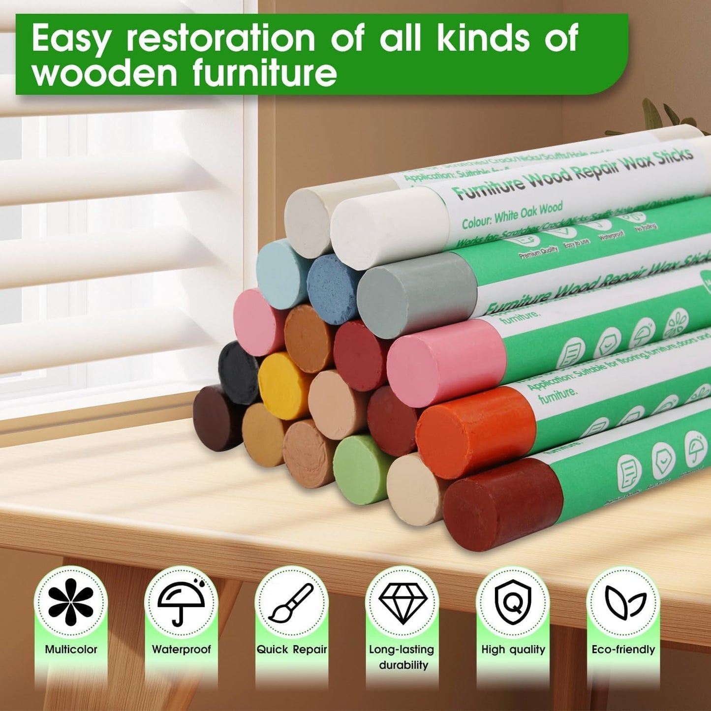 Furniture Markers Touch Up, 20 Colors Wood Filler Sticks, Wood Wax Crayons for Repairing Scratches, Scuffs, Cracks, Holes on Furniture, Floors, Cabinets, Tables, and Doors - Colorful Series