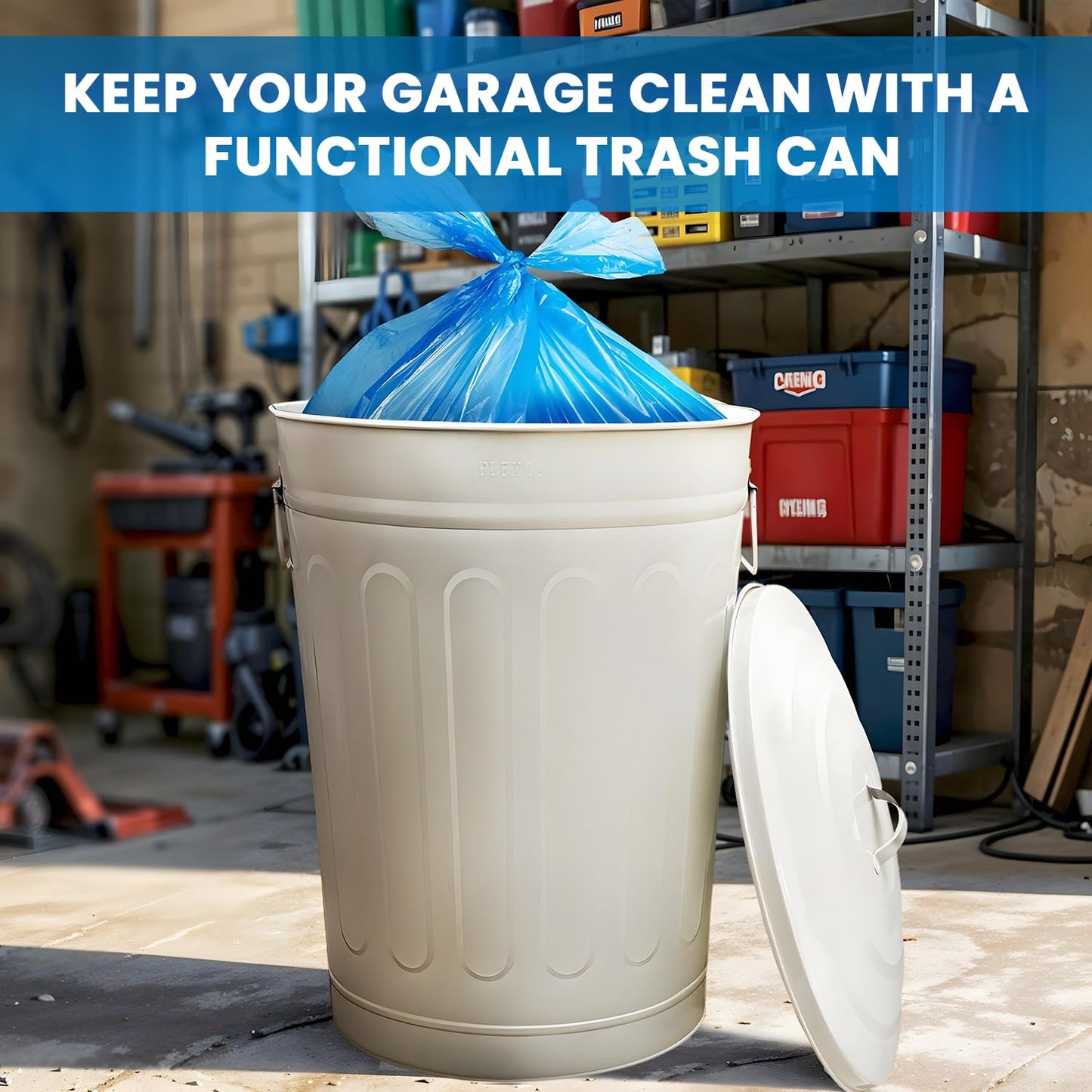 Plexon Round Trash Can 13 Gallon, Vintage Metal Outdoor Trash Can with Lid, Retro Farmhouse Garbage Container, Old School Modern Ash Bucket, Beige 3 Pack