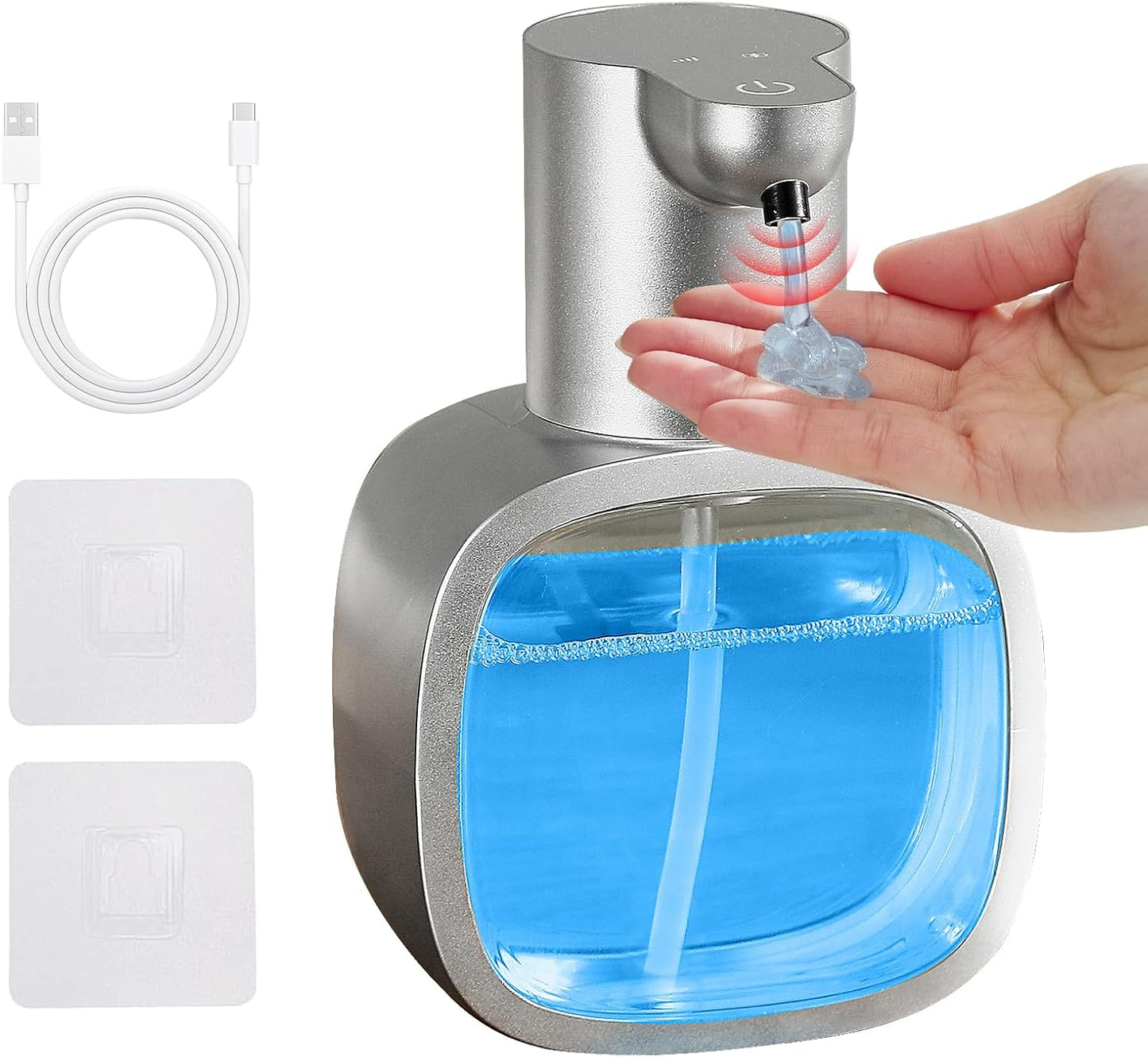 Automatic Liquid Soap Dispenser, 17oz/500ml Touchless Rechargeable with 4-Level Adjustable & IPX5 Waterproof - Level Display for Wall/Tabletop Use in Bathroom, Kitchen, Silver