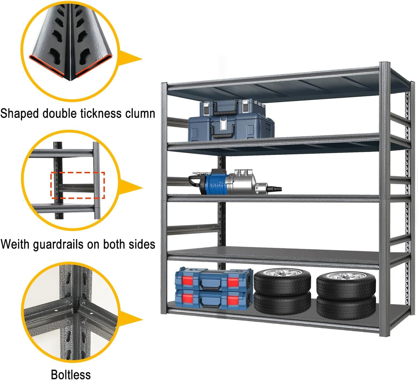Storage Shelf 5-Tier Garage Shelving, Industrial Shelving with Guardrails, 2500LB Boltless Metal Shelves Heavy Duty for Storage Room, 18" D x 47.2" W x 72" H, Iron Black 3 Pack
