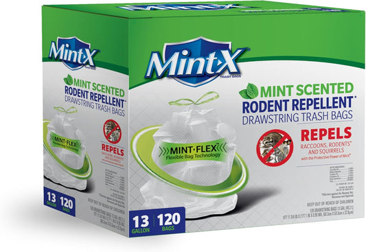 Mint -X Rodent Repellent Indoor Tall Kitchen Drawstring Trash Bags with Mint-Flex Technology; 13 Gallon, 120 Count, White