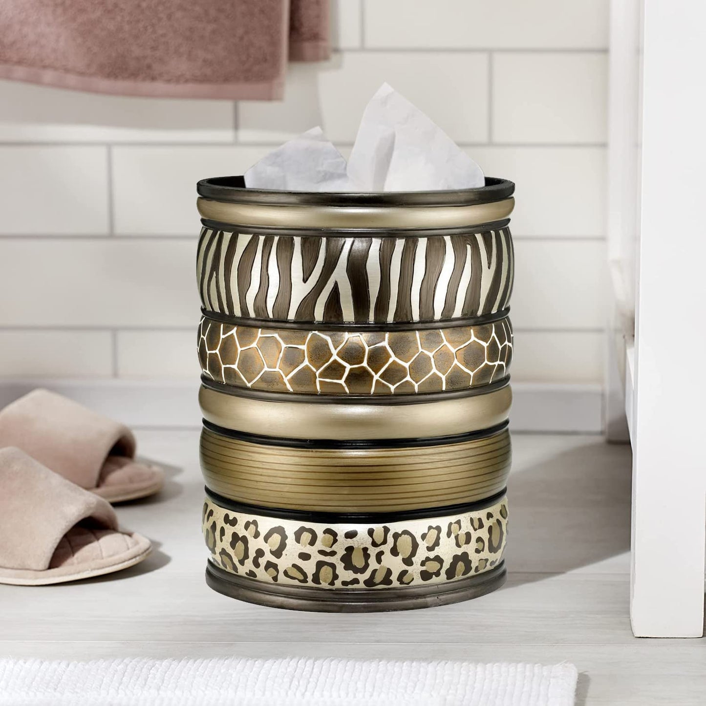 Decorative Trash Can for Bathroom, Office & Bedroom - 2.1 Gallons Stylish & Small Trash Can for Dorms, Desktop & Restroom - Chic Waste Basket for Compact Spaces, Safari Stripes