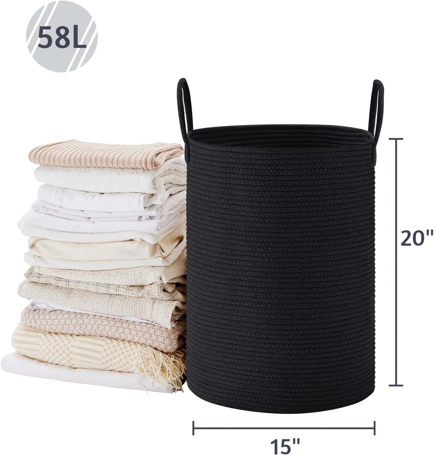 VIPOSCO Large Laundry Hamper, Tall Woven Rope Storage Basket for Blanket, Toys, Dirty Clothes in Living Room, Bathroom, Bedroom - 58L Black