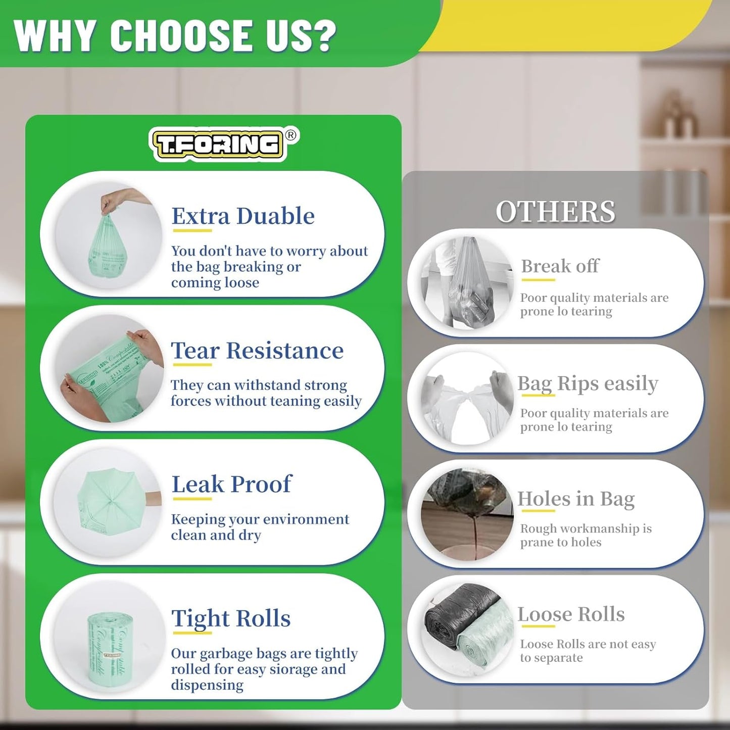 Compostable Trash Bags, 3-4 Gallon, 15 L, Extra Thick 0.8 Mil, Small Kitchen Food Scrap Waste Bags, ASTM D6400, US BPI, 80 Count