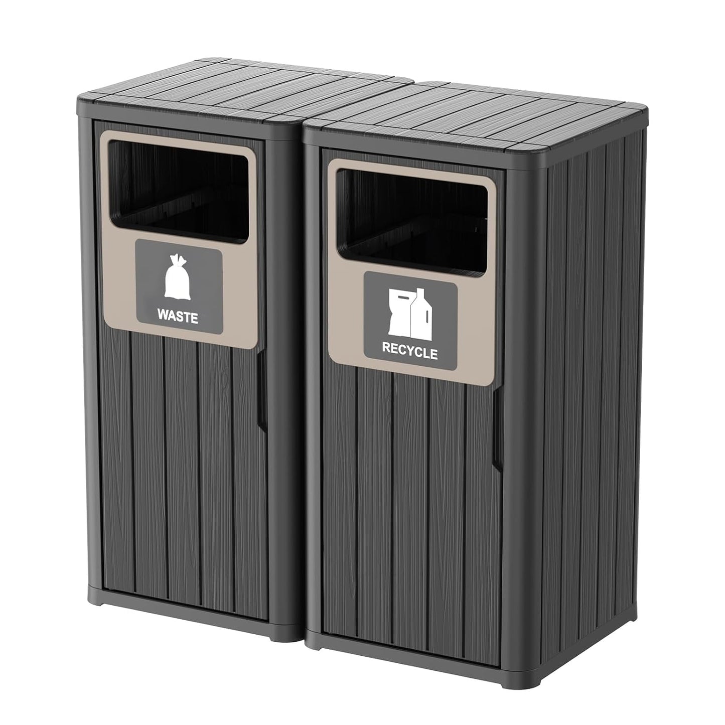 Outdoor Double Barrel Trash Can,Waterproof Resin Garbage Can with Garbage Labels,Durable Waste Bin for Porch, Backyard,Kitchen,for 30 to 39 Gallon Trash Bags