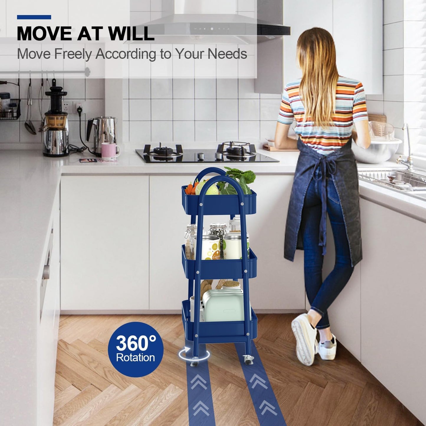 EAGMAK 3 Tier Utility Rolling Cart, Metal Storage Cart with Handle and Lockable Wheels, Multifunctional Storage Organizer Trolley with Mesh Baskets for Kitchen, Living Room, Office, Garage (Indigo)