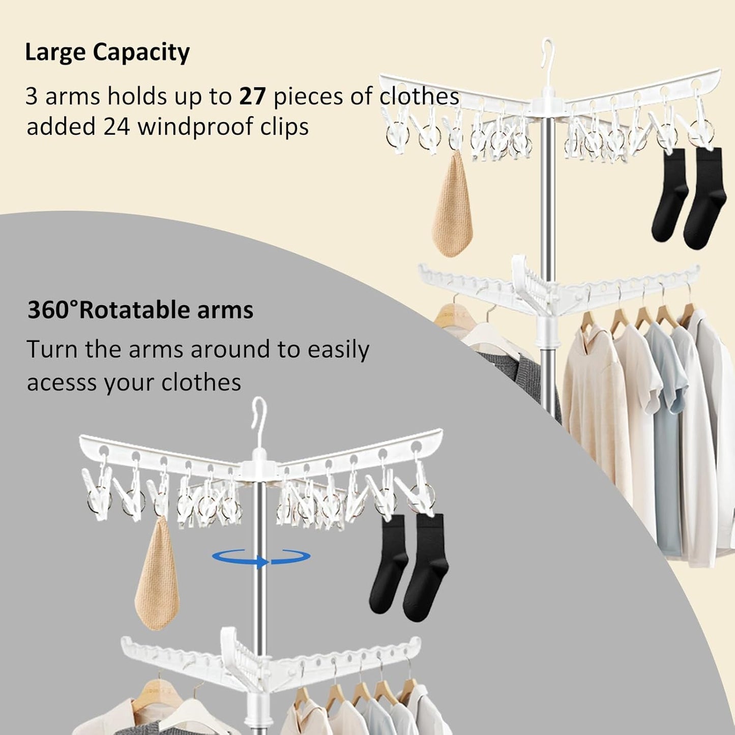 SUYU Clothes Drying Rack,Folding Clothes Drying Tree, 2 Layer with 24 Clips and 3 Rotatable Arms,66.9-Inch Indoor Clothes Rack,Stainless Steel,4 Legs,White and Silver SNJ102