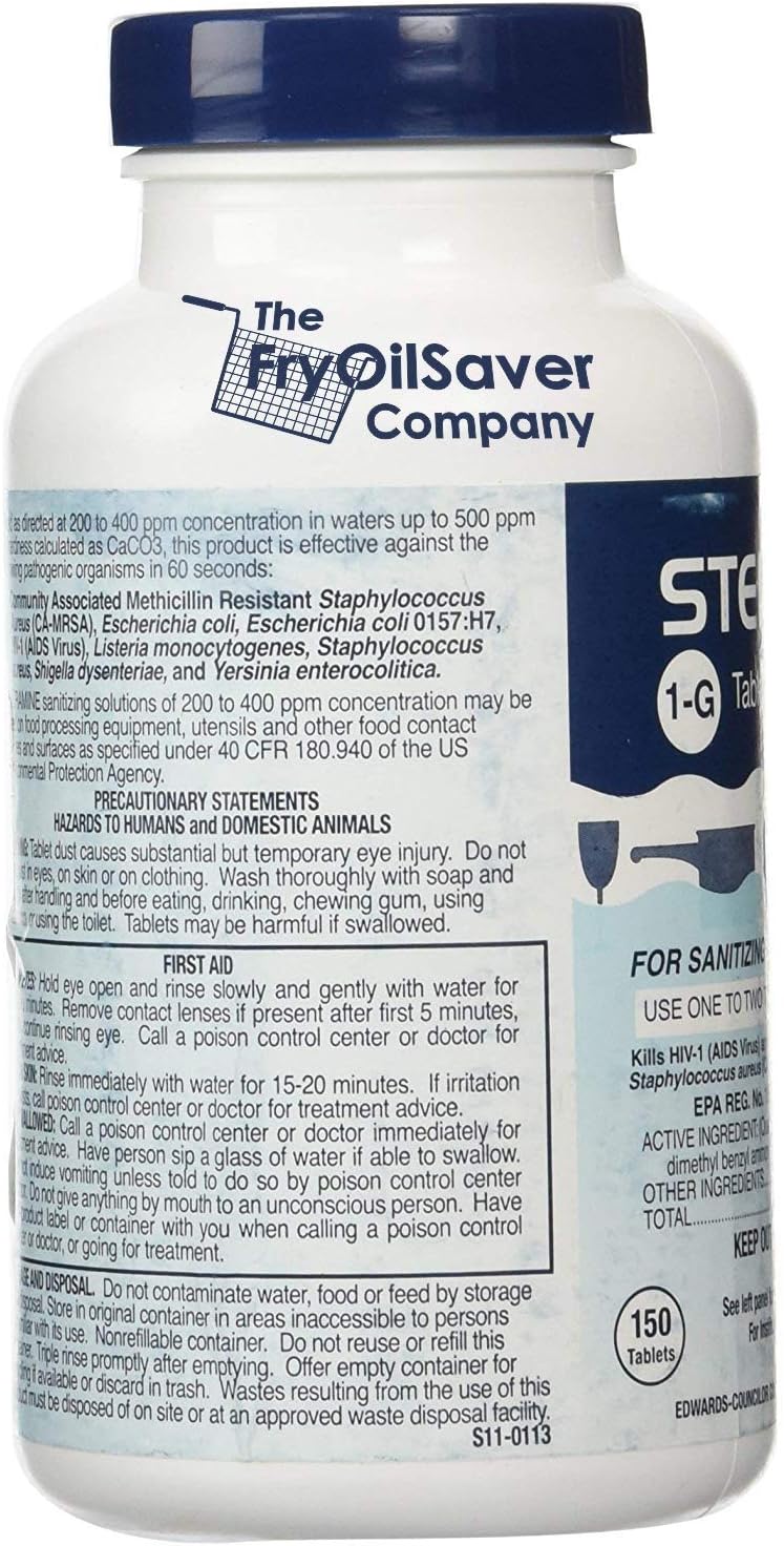 1 Bottle Steramine Sanitizer Tablets - Multi Purpose Steramine Sanitizing Tablets for Food Contact Surfaces in Kitchen, Diners, Hotels, Restaurants & Food Trucks by FryOilSaver Co. (150 Count)