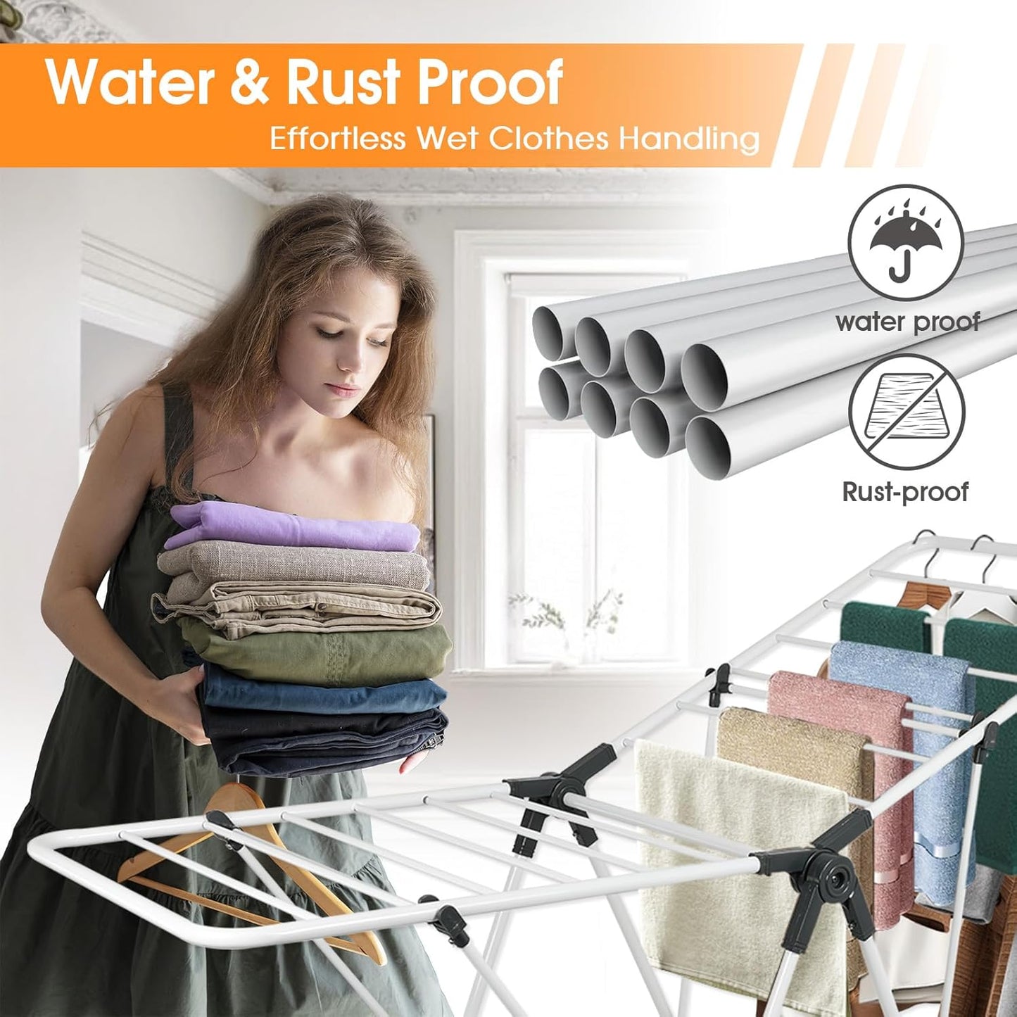 Clothes Drying Rack Foldable, Metal Laundry Drying Rack, with Height-Adjustable Wings, Space Saving, Indoor Outdoor Use, White Free-Standing Airer