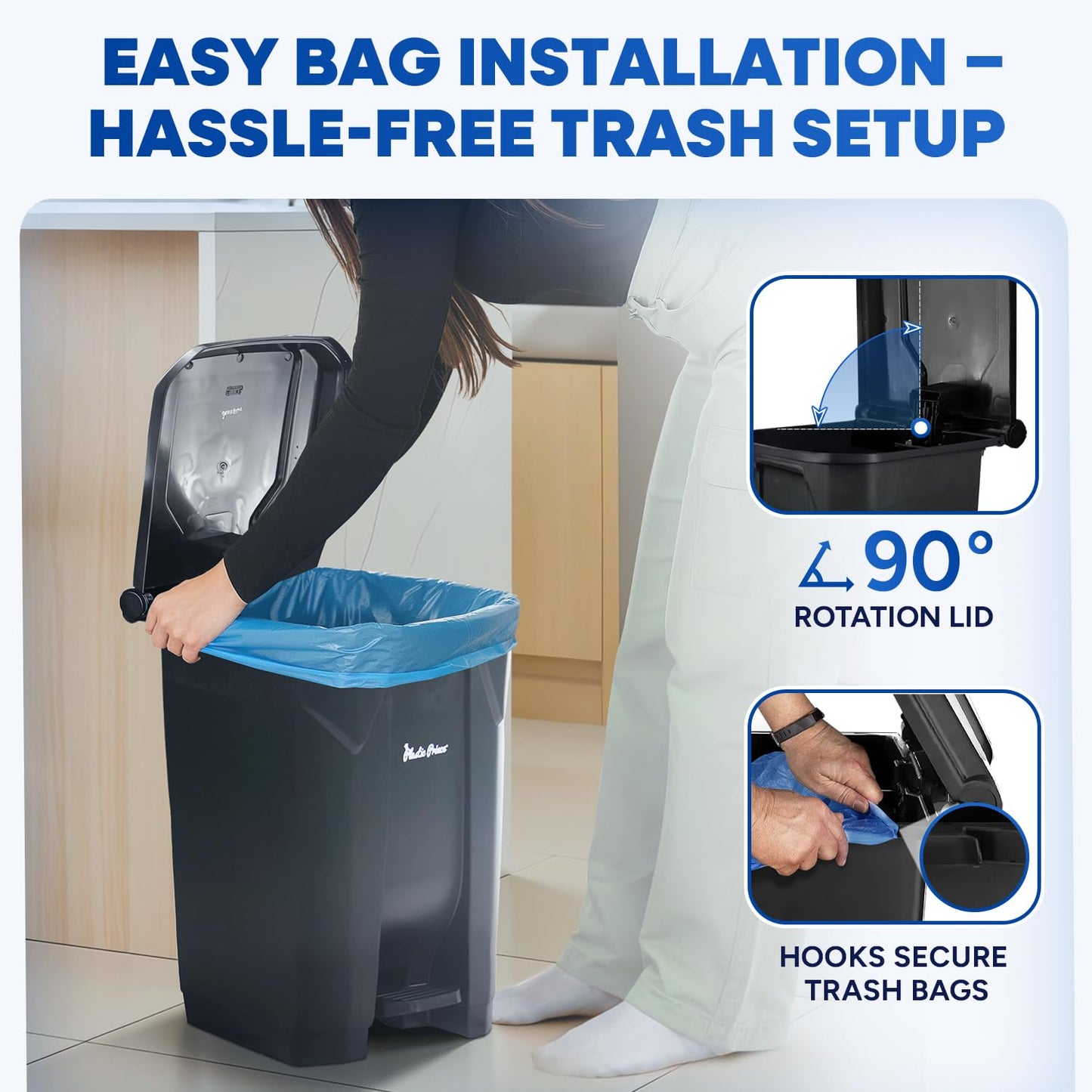 14 Gallon Step-On Trash Can/Container, Black Plastic Dustbin with Lid and Foot Pedal, Hands-Free Disposal