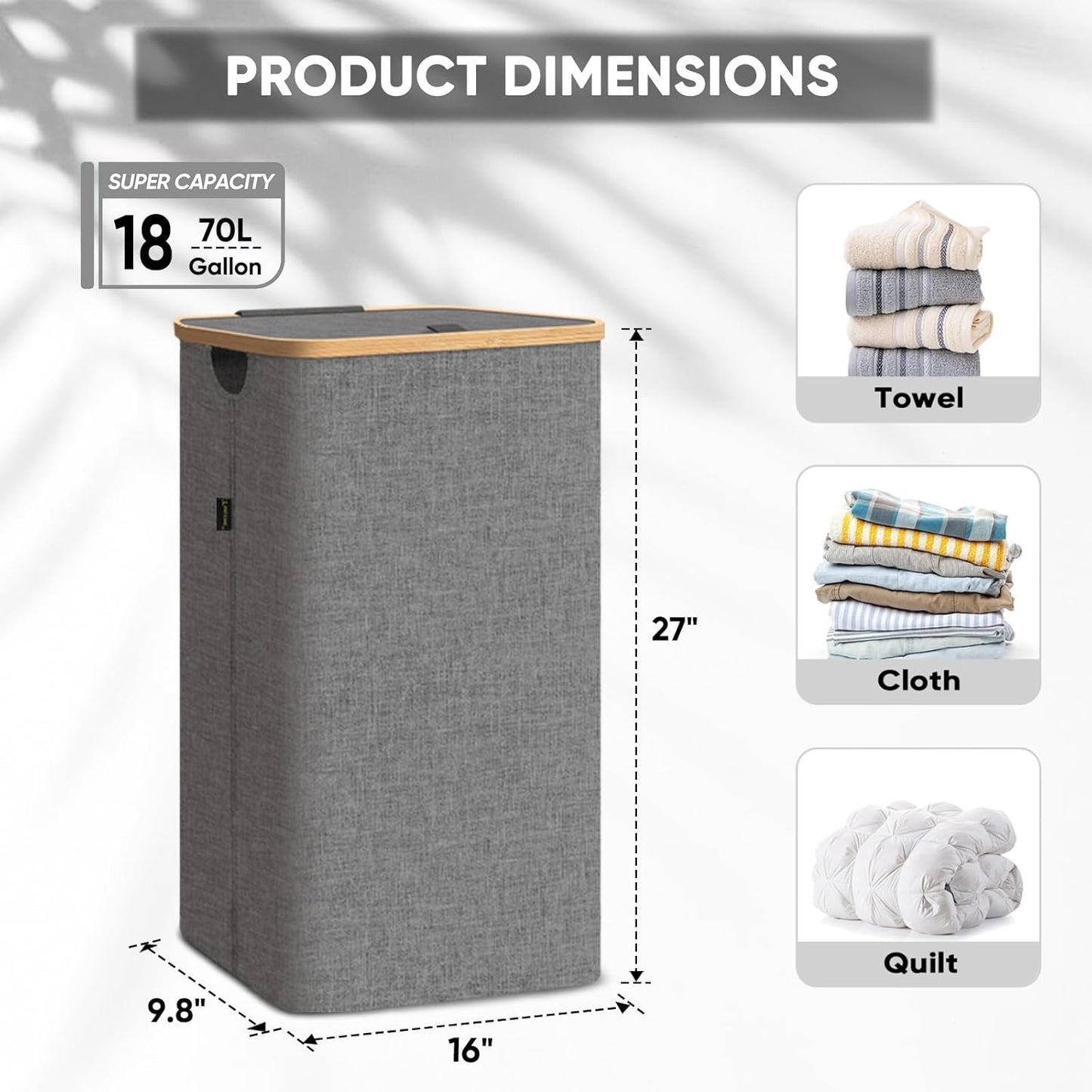 BALEINE Laundry Hamper with Lid, Tall Laundry Baskets with Bamboo Pull Handles, Large Laundry Bin with Internal Support (18 Gal/70L, Blue)