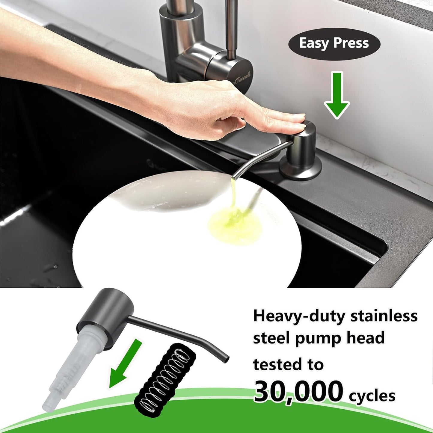 Built in Soap Dispenser for Kitchen Sink, Stainless Steel Gun Gery Countertop Pump Head, Dish Soap Hand Lotion Dispenser with Refillable 17oz Bottle