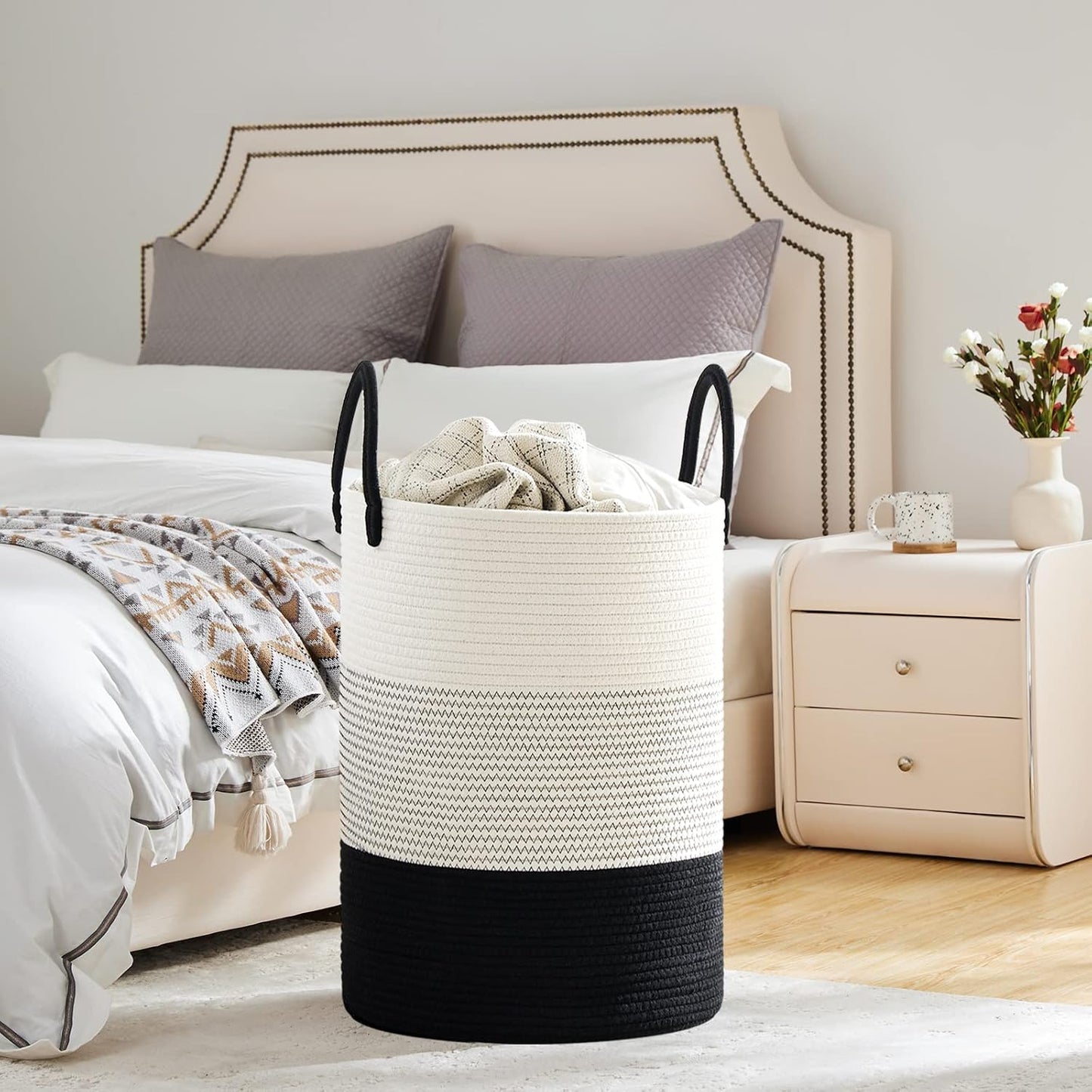 VIPOSCO Large Laundry Hamper, Tall Woven Rope Storage Basket for Blanket, Toys, Dirty Clothes in Living Room, Bathroom, Bedroom - 100L White & Black