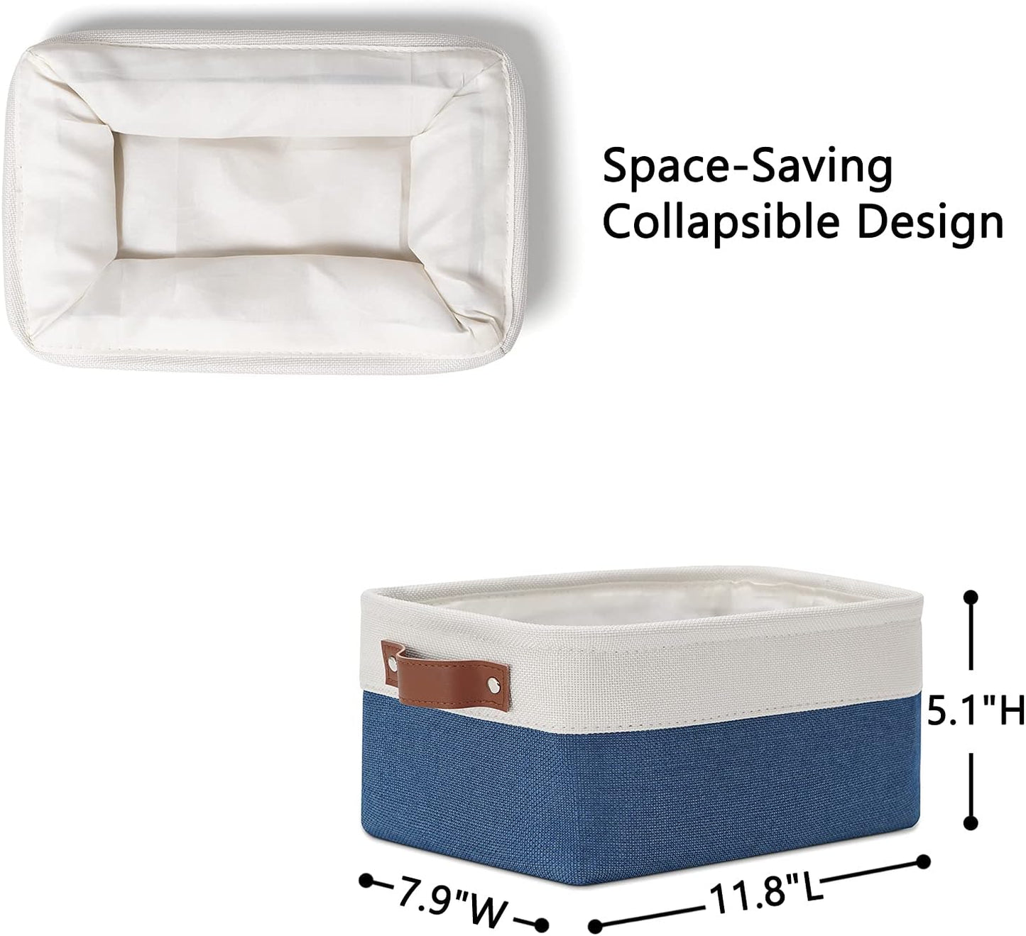 DULLEMELO Small Storage Bin,Small Fabric Rectangular Storage Basket for Shelves,Collapsible Bin for Toy and Clothes Storage (White&Blue,1 Pack)