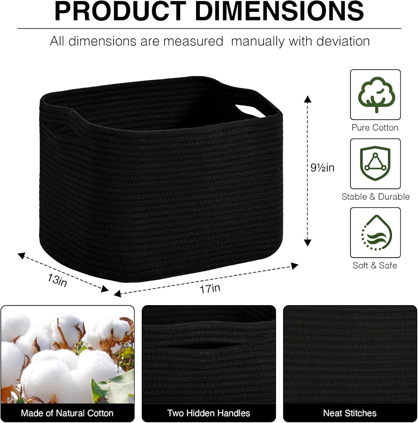 Woven Cotton Rope Storage Basket for Organizing, Cute Decorative Baskets for Gifts Empty, Organizer Bins for Dog Toy, Baby Laundry, 17“×13”×9.5“, Black