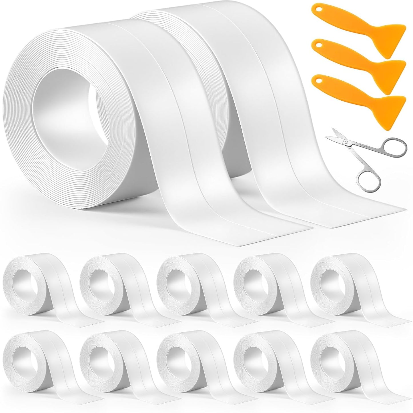Maitys White Caulk Tape Waterproof Self Adhesive 12 Roll White Caulking Sealant Strips Bathroom Shower Tapes for Toilet Kitchen Countertop Corners Surfaces Sink Bathtub Floor Wall Edge (1.5" x 10.5ft)