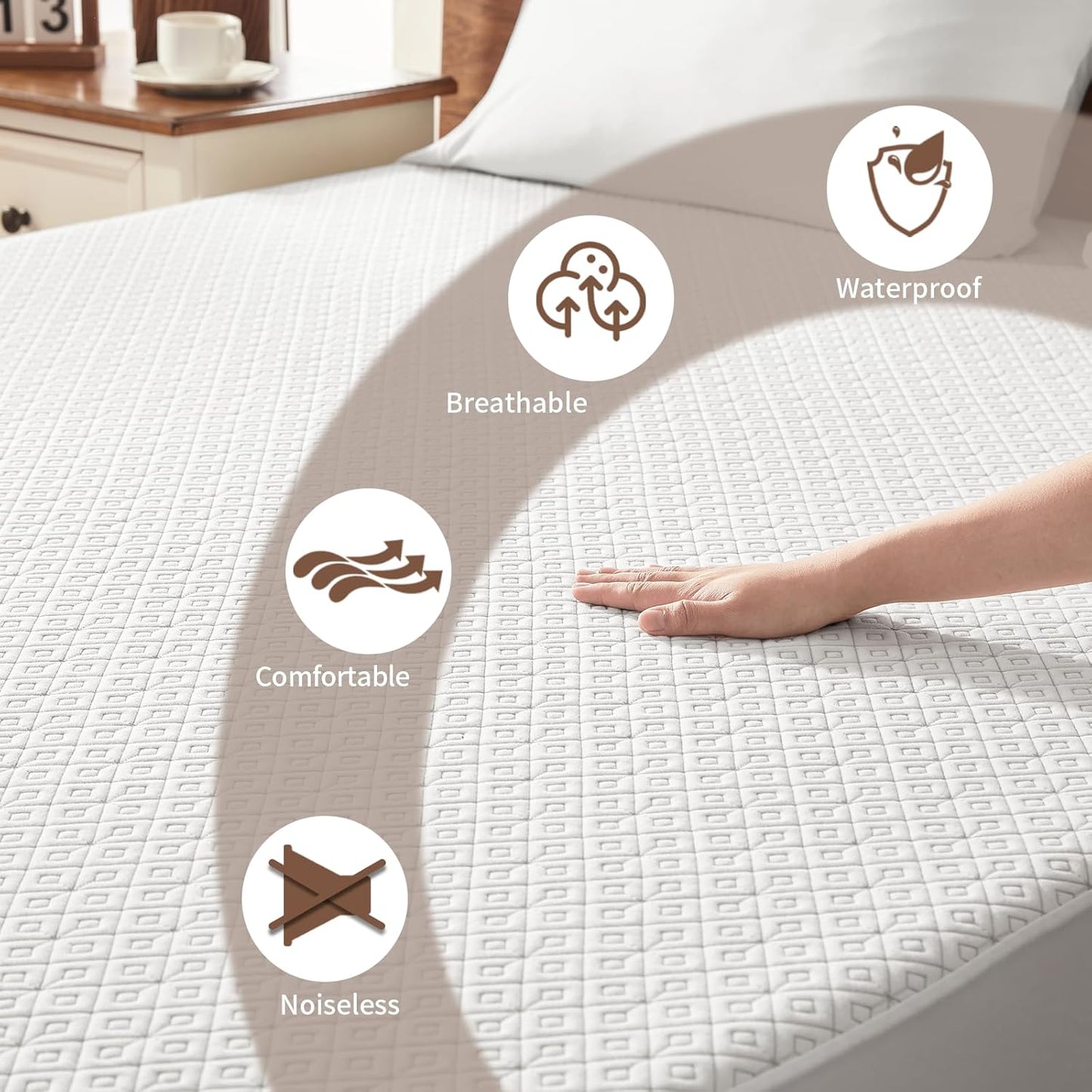 BEDLORE Queen Mattress Protector, Waterproof Noiseless Mattress Cover with Deep Pocket for 6-18 inches Mattress, Soft Breathable Mattress Pad Machine Washable (White)