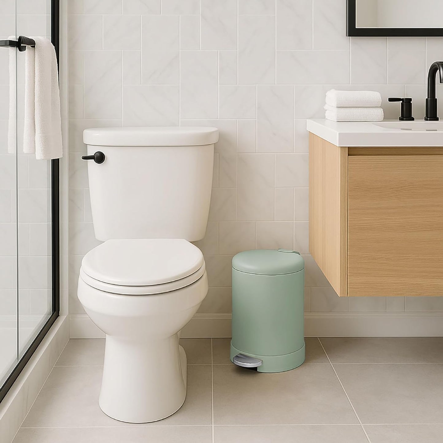 Glad Small Trash Can, 1.2 Gallon | Round Stainless Steel Garbage Bin with Soft Close Lid & Step Foot Pedal | Metal Waste Basket with Removable Inner Bucket, Green