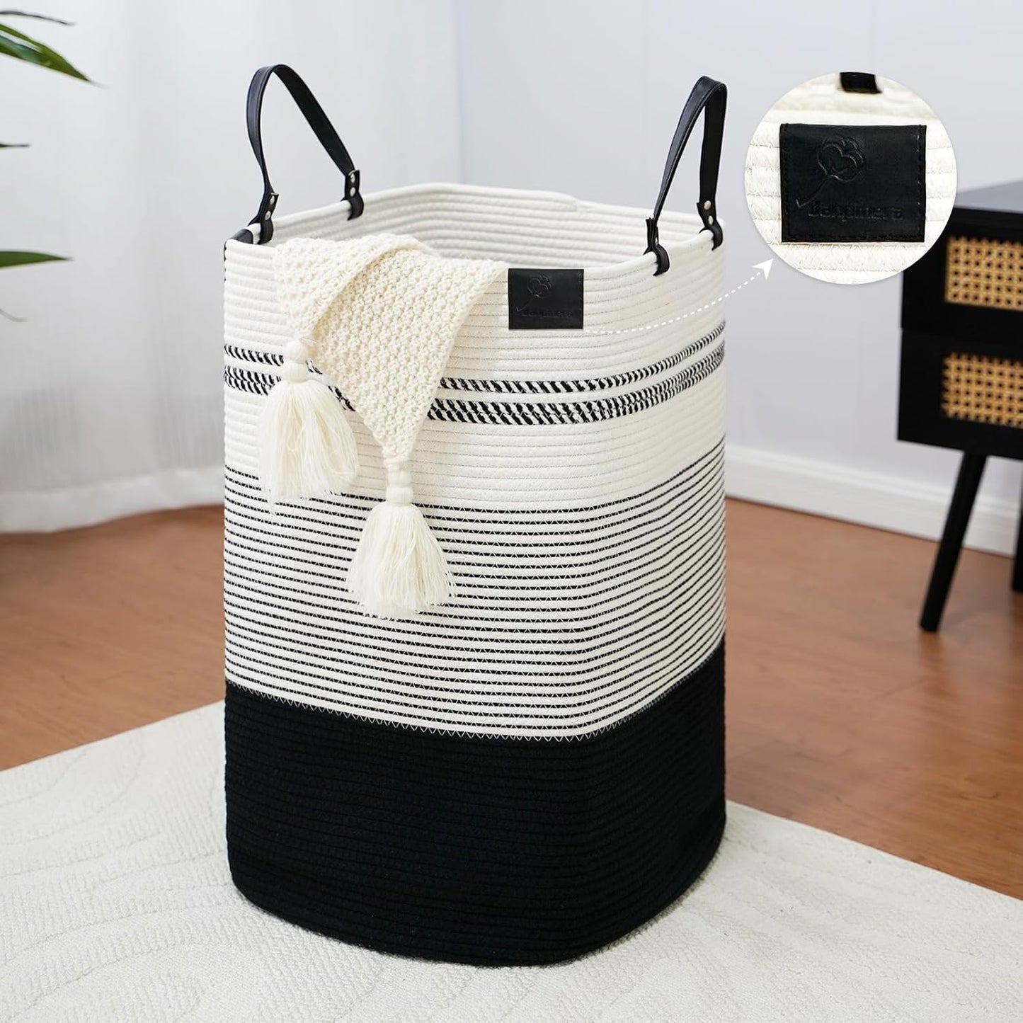 danpinera 75L Woven Laundry Hamper with Long Leather Handles, Baby Laundry Basket for Nursery, Tall Hampers for Bedroom Aesthetic, Decorative Clothes Storage Basket for Family White & Black