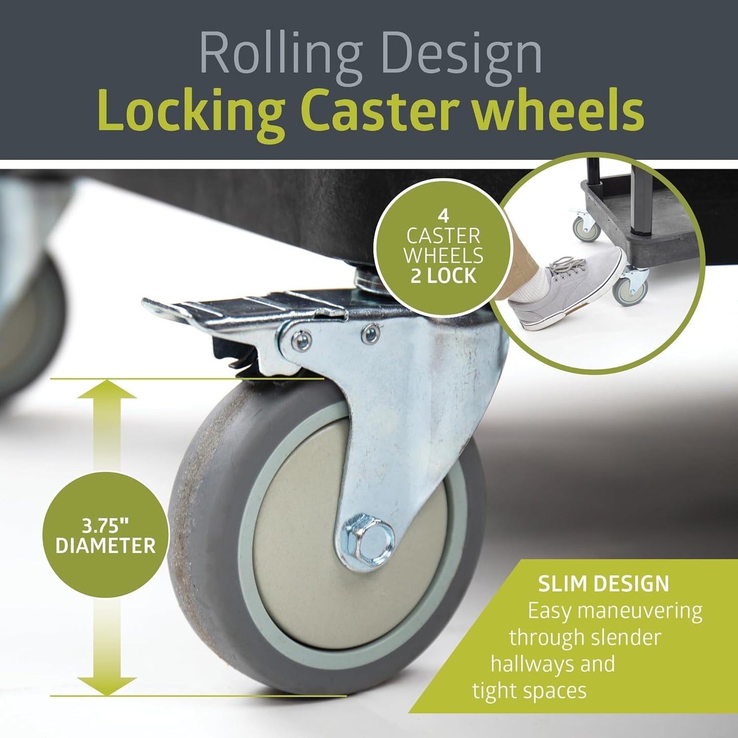 Pearington 3-Shelf Multipurpose Mobile Utility Cart with 2 Bins and Lockable Wheels, Heavy-Duty Plastic Rolling Presentation Cart for Offices and Warehouses, Black