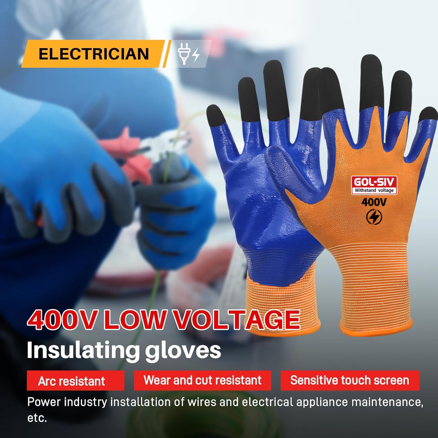 400V Electrical Glove For Men XL - Arc Resistant,Flame Retardant,Low Voltage Insulated Gloves,Safety Electrician Gloves,Rubber Non Slip