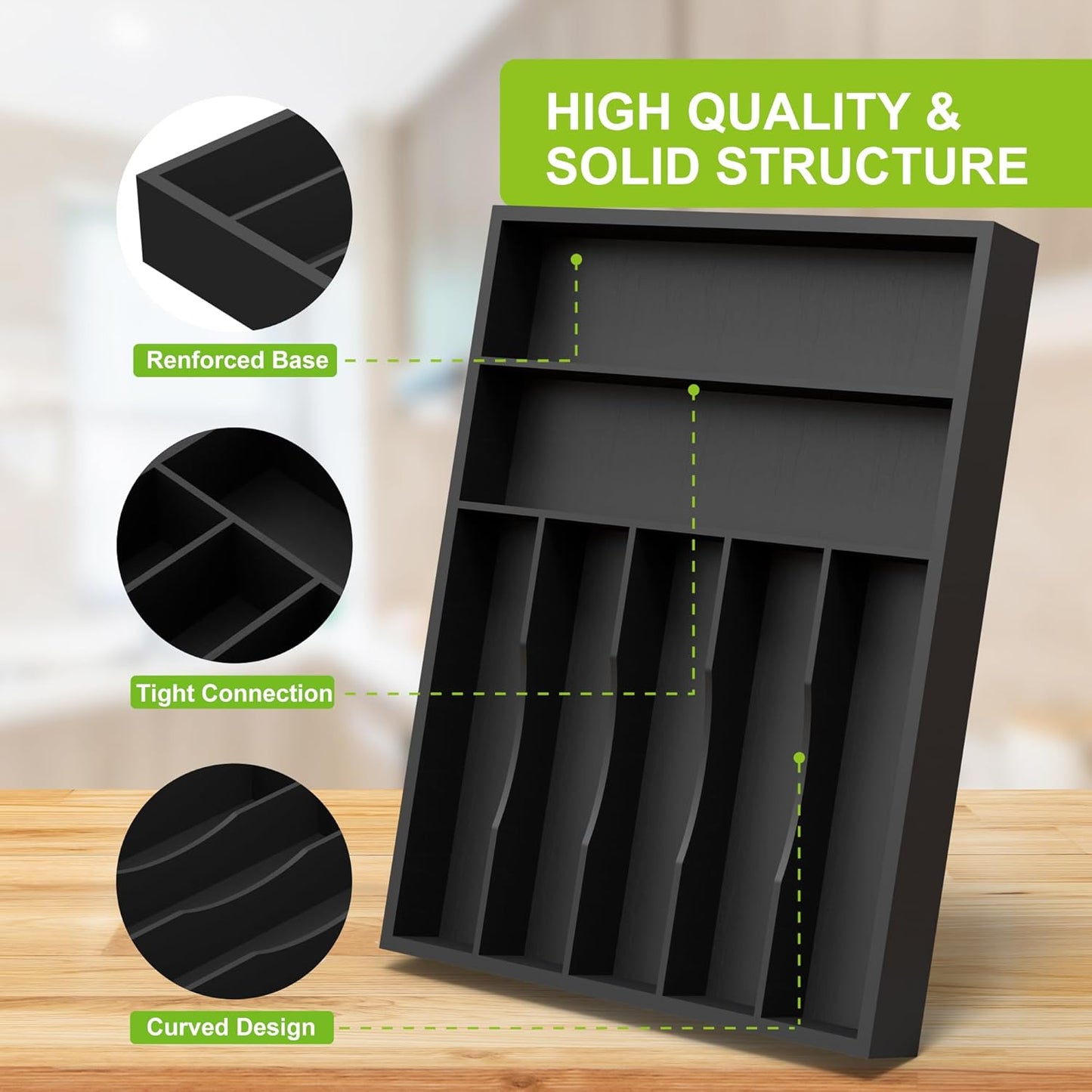 Sliverware Organizer, Bamboo Kitchen Drawer Organizer, Flatware Organizer Tray Holder for Sliverware, Utensil & Cutlery (7 Slots, Black)