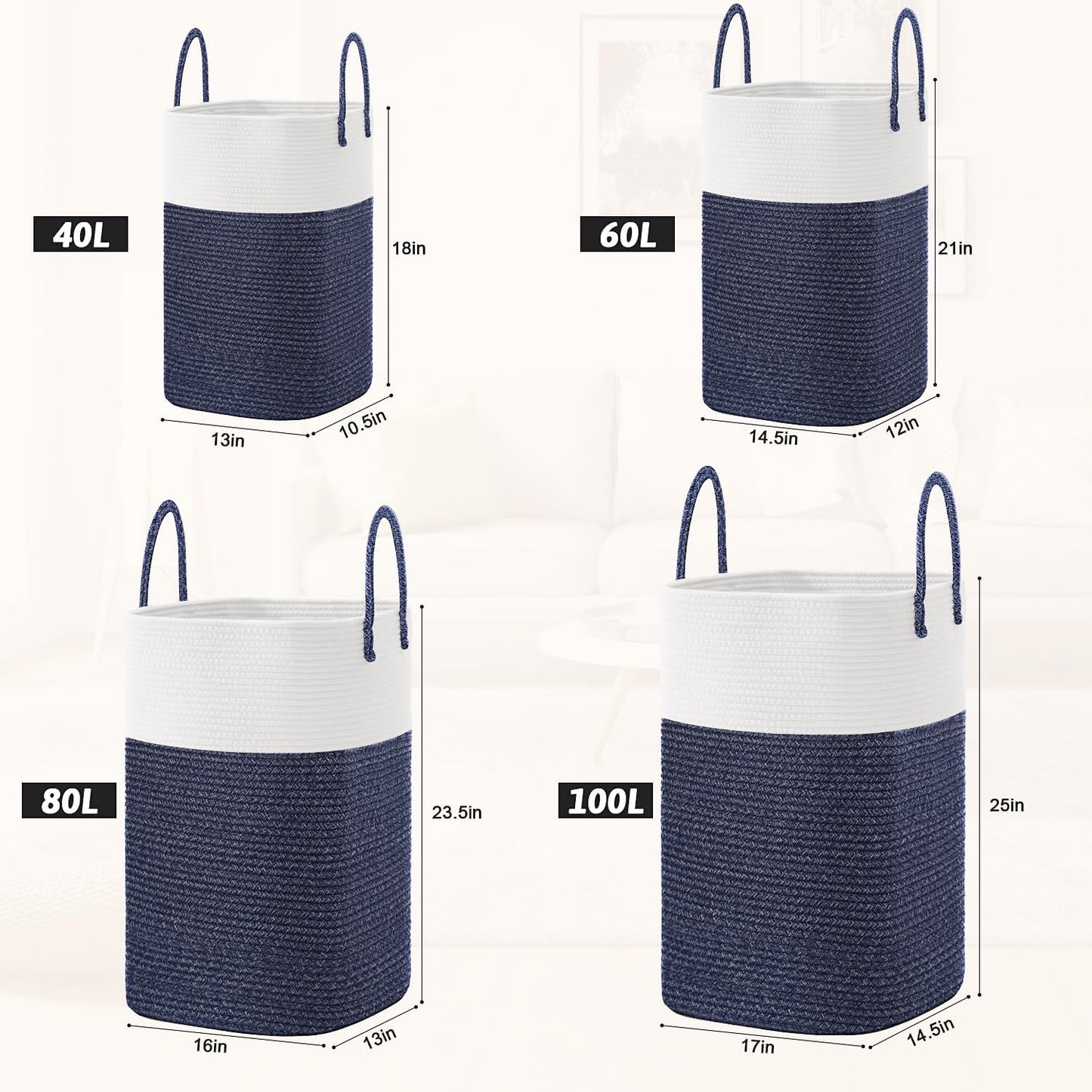 Laundry Basket,Woven Cotton Rope Laundry Hamper,Versatile Storage for Dirty Clothes,Baby Toys,and Blankets in Bathroom, Nursery,and Living Room (Blue, 60L)