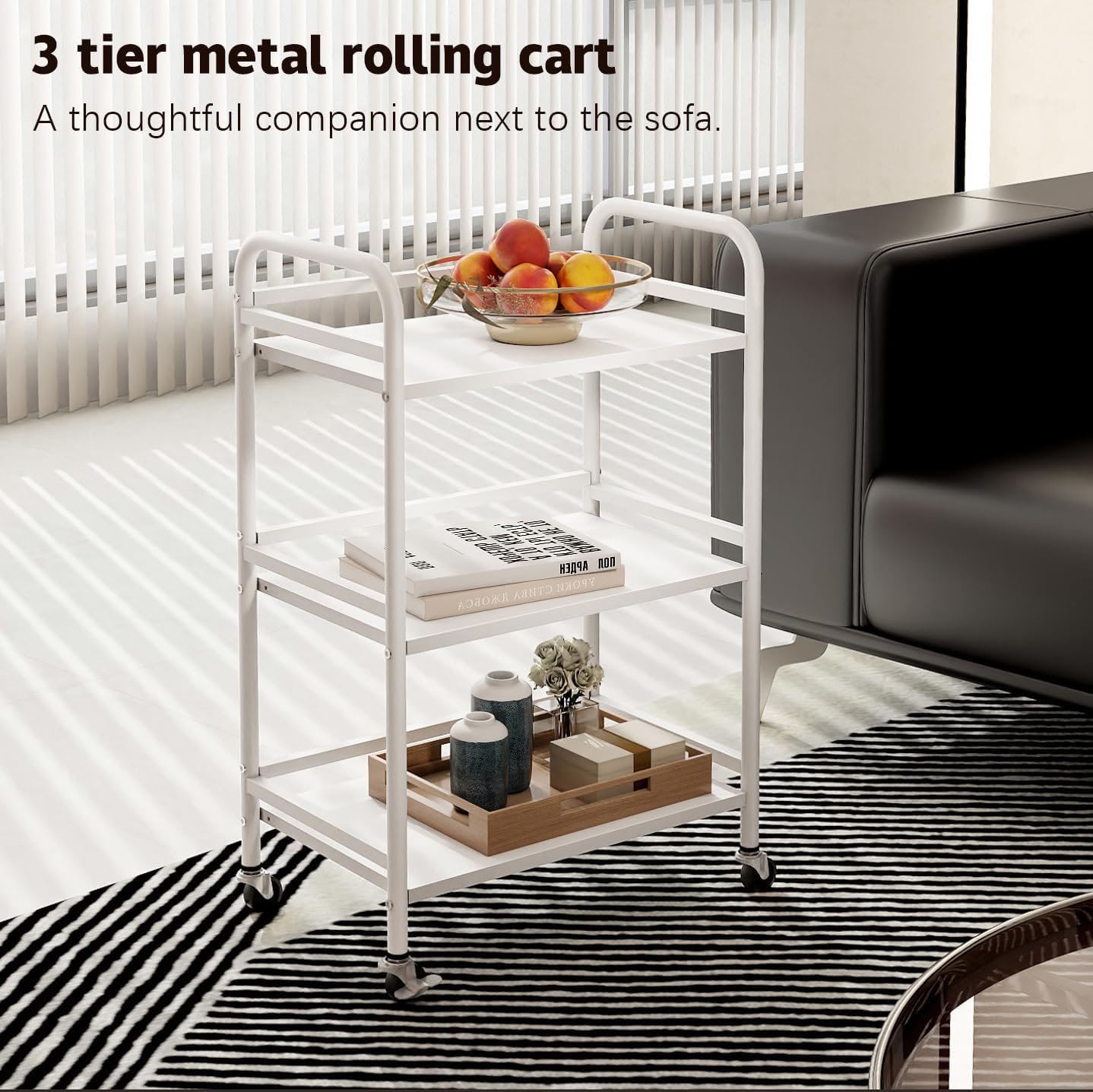 HDANI 3 Tier Rolling Cart Shelves,Heavy Duty Multifunctional Metal Frame-Supports 22 Lbs Per Tier,Rolling Cart with 2 Lockable Wheels for Home, Office,Kitchen,Bathroom,Bedroom(White)…