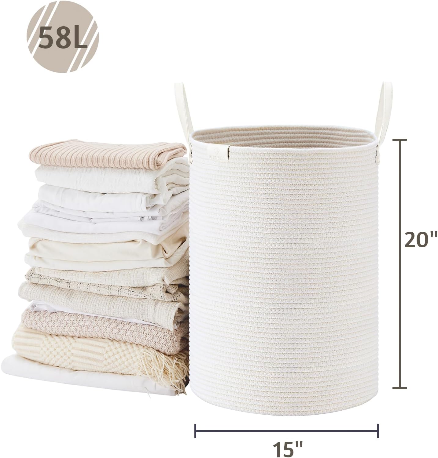 VIPOSCO Tall Laundry Basket, Large Dirty Clothes Hamper with Leather Handle, Woven Rope Storage Basket for Blanket, Toy In Living Room, Bathroom, Bedroom - 58L White