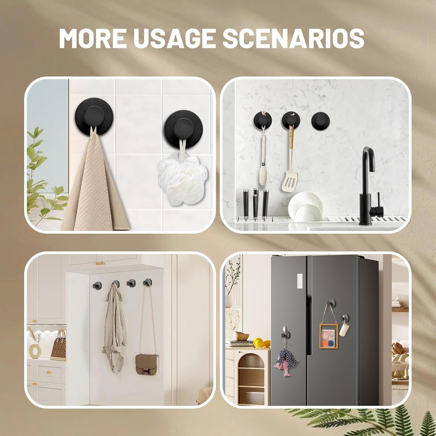 4 Pcs Suction Cup Hooks for Shower，Removable Hooks，Towel Hook，Suction Hook for Bathroom, Bedroom, Glass Window (Black)