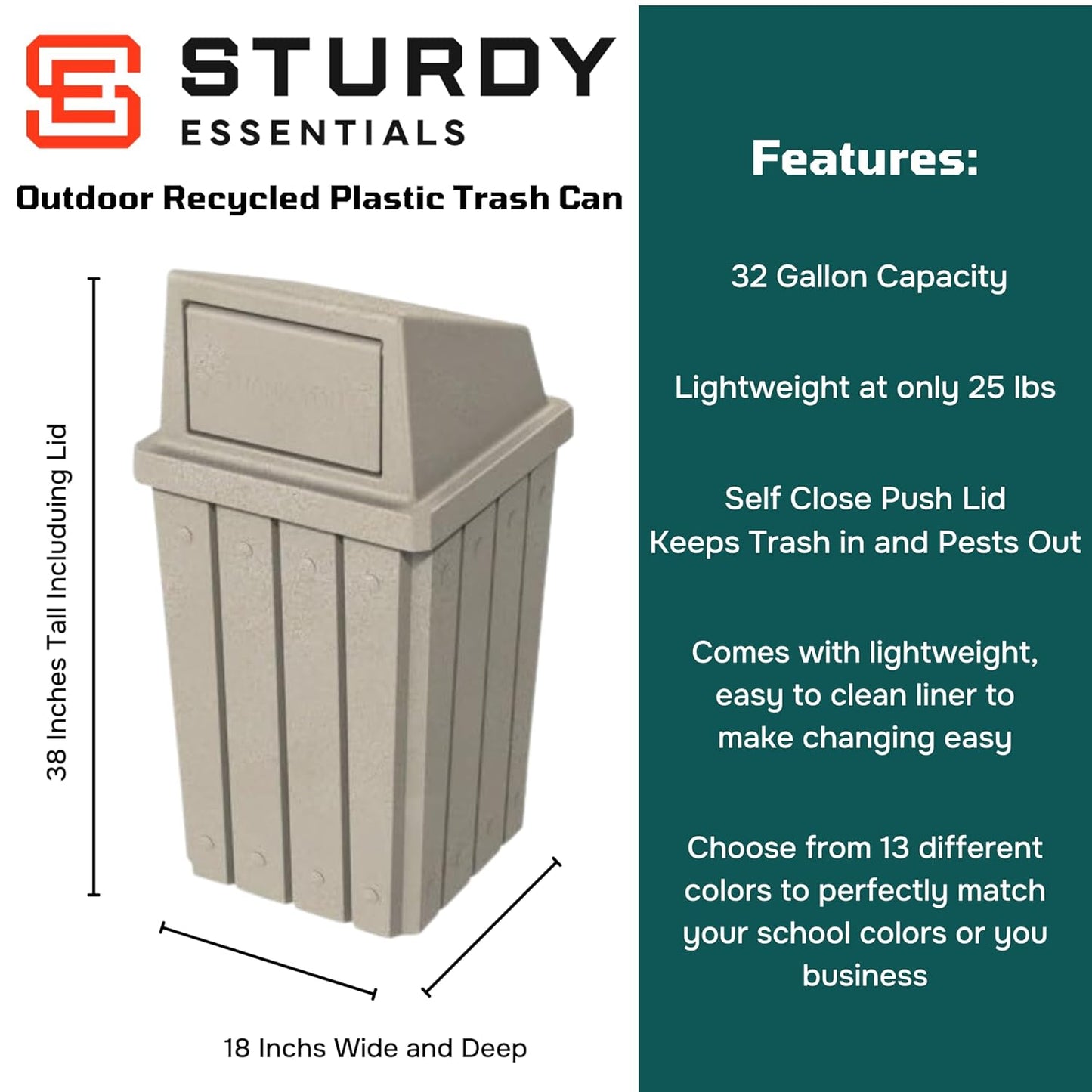 32 Gallon Square Slatted 100% Recycled Plastic Heavy-Duty Commercial Outdoor and Indoor Trash Can with Push Top Lid | Great for Schools and Businesses - Beige Granite
