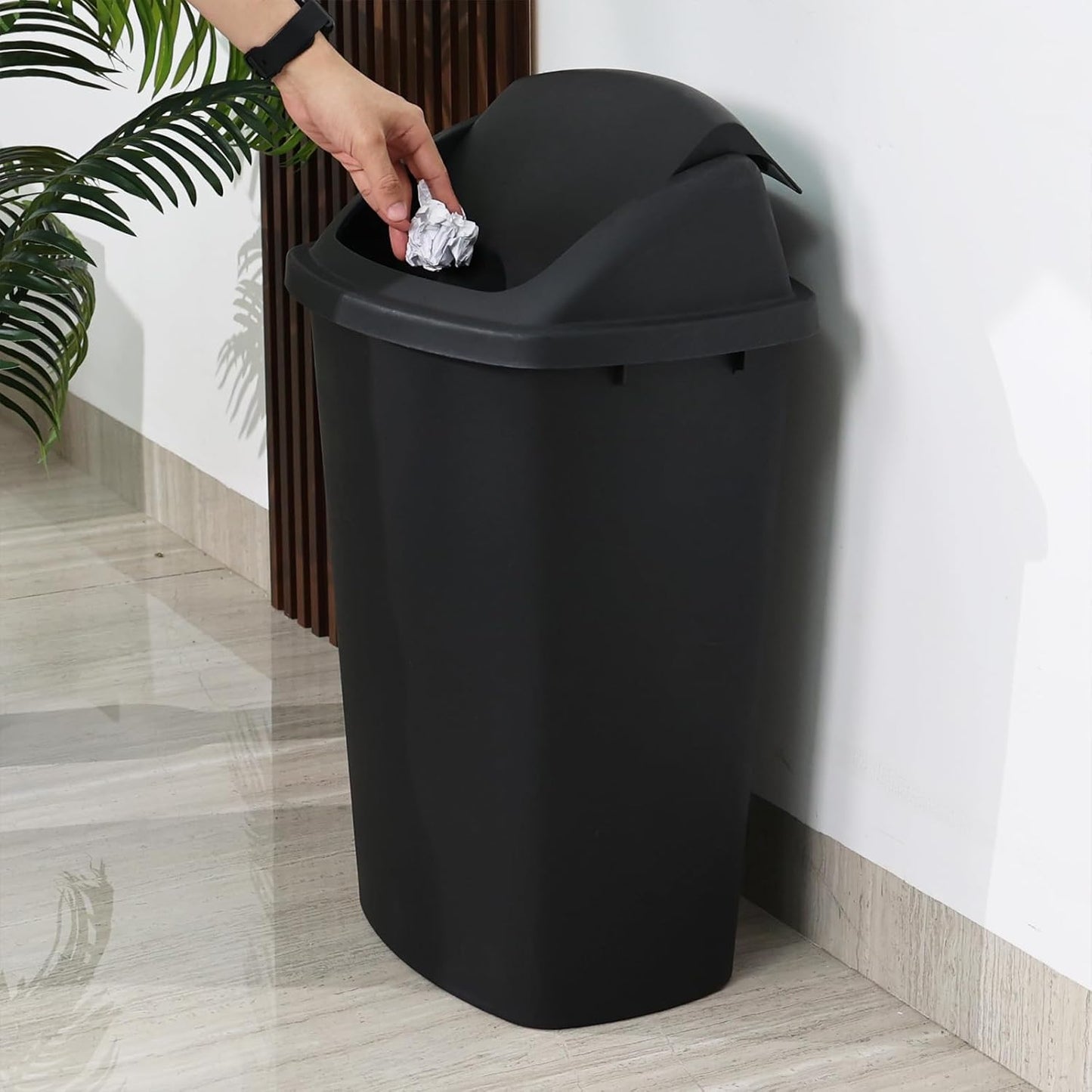 4-Pack 13 Gallon Plastic Swing Top Trash Can, Lidded Wastebasket Garbage Can for Kitchen, Garage, or Workspace, Black