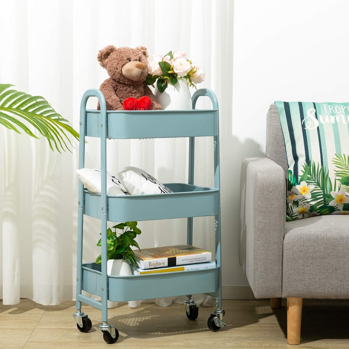 AGTEK Makeup Cart, Movable Rolling Organizer Cart, Grey-Blue 3 Tier Metal Utility Cart