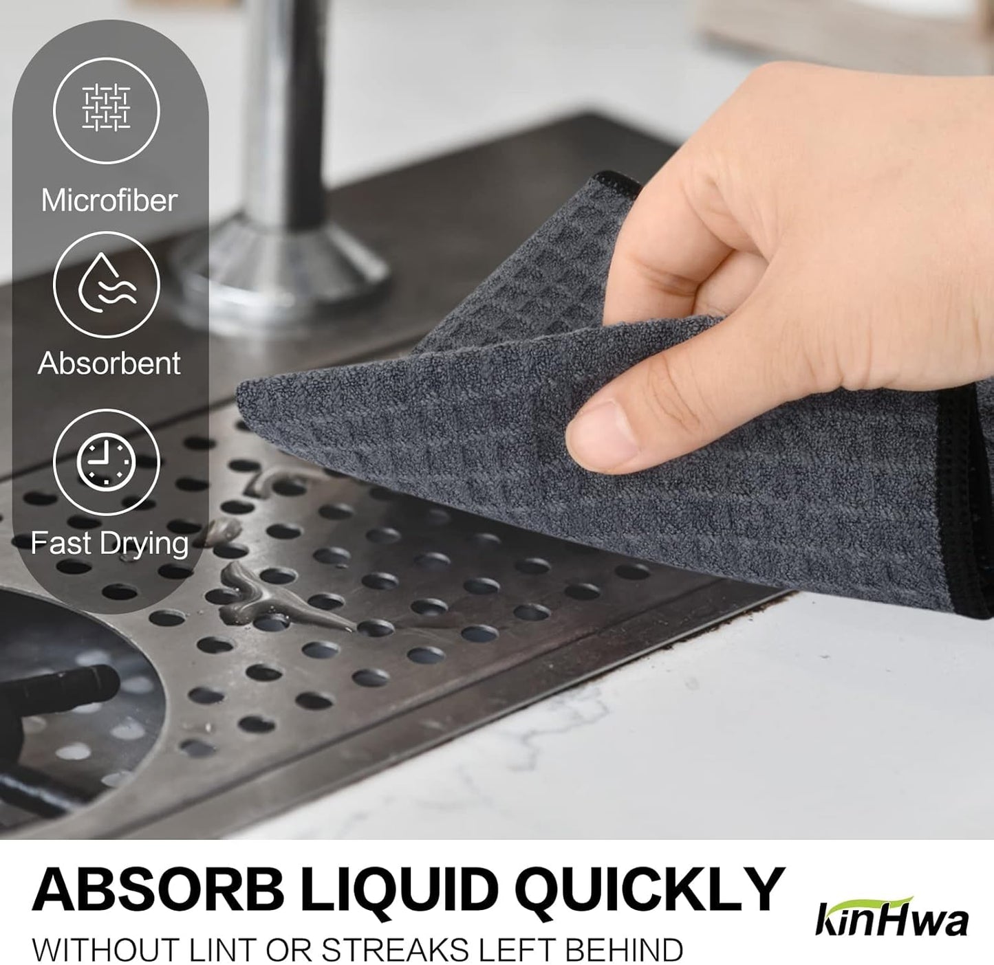 KinHwa Dish Cloths for Washing Dishes Kitchen Towels Microfiber Dish Towels for Kitchen Dish Towels Absorbent 8inch x 8inch 6 Pack (Gray, 12in x 12in 6 PC)