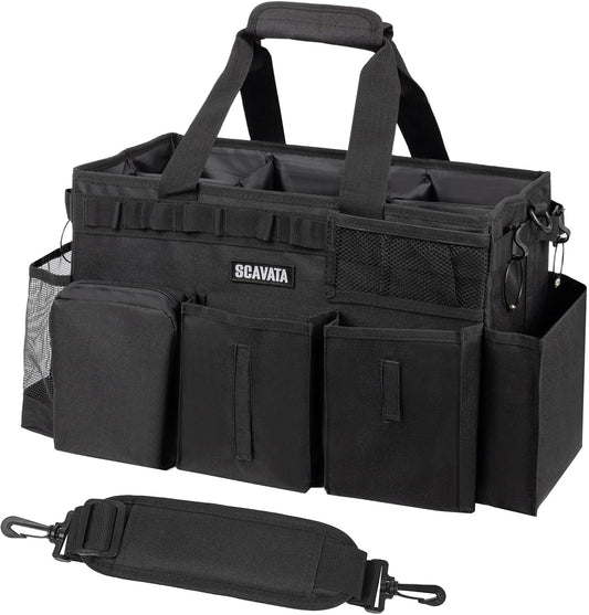 Wearable Cleaning Caddy Bag, Supplies Organizer with Handle & Shoulder Straps for Housekeepers, Under Sink & Car Cleaning Tool Organizer with 4 Foldable Dividers (Black)