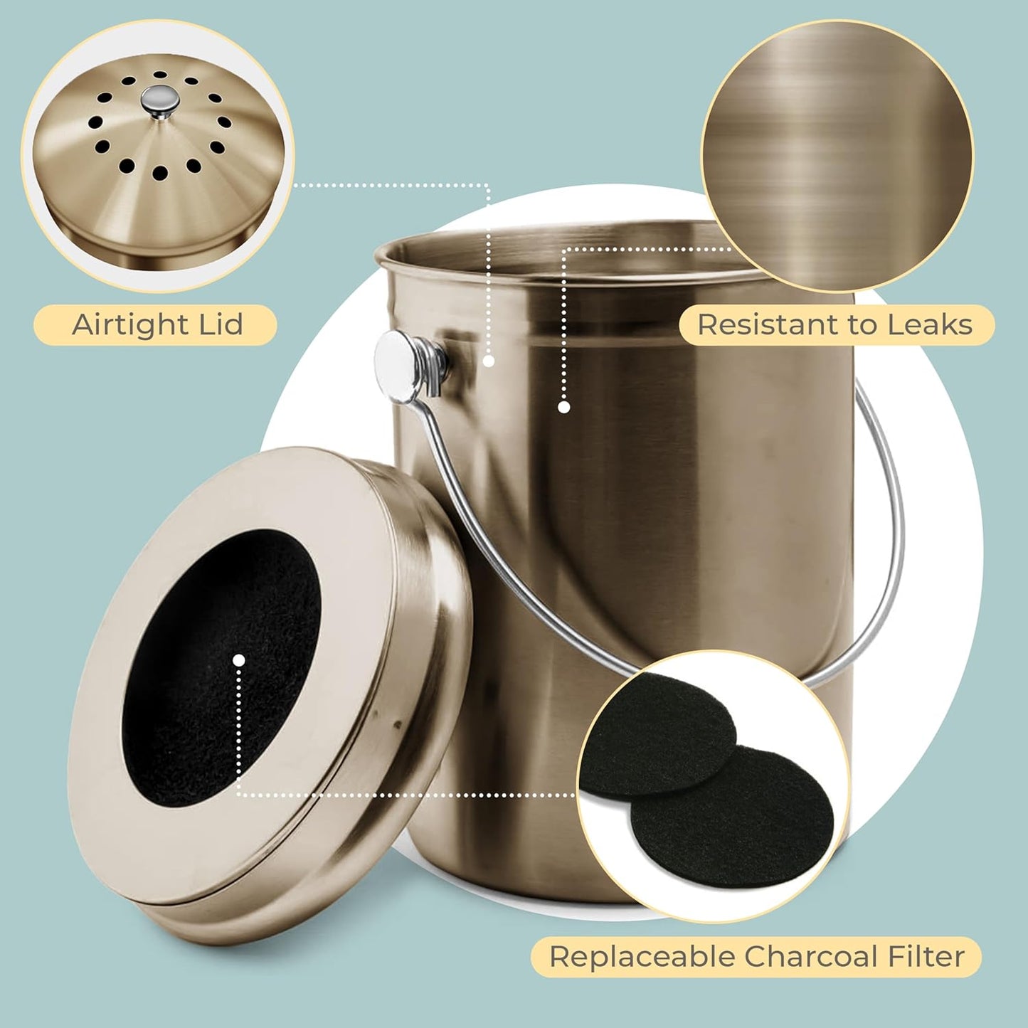 EPICA Countertop Compost Bin Kitchen | 1.3 Gallon | Odorless Composting Bin with Carbon Filters | Indoor Compost Bin with Lid | Stainless Steel Kitchen Composter for Food Scraps & Waste Recycling