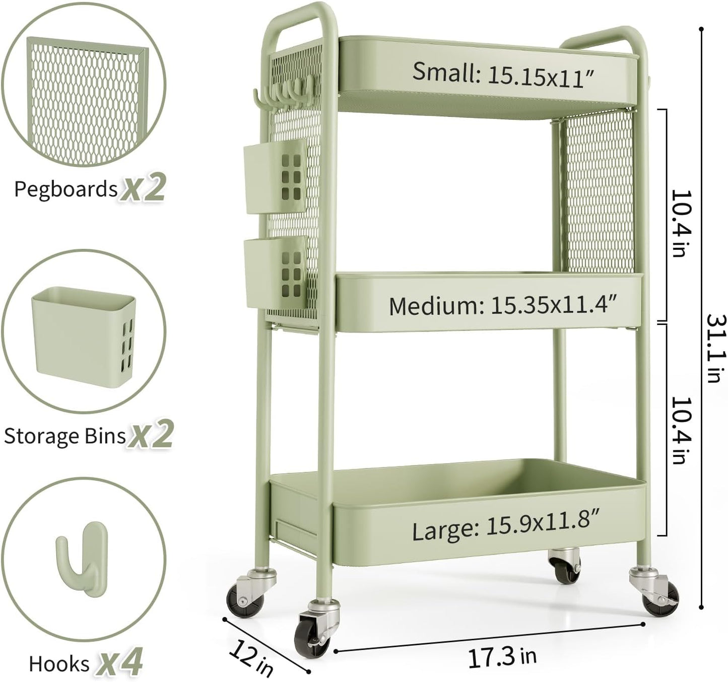 TOOLF 3 Tier Rolling Cart Storage Organizer, Metal Rolling Utility Cart with Wheels, Hooks & Bins Esthetician Craft Art Sturdy Storage with Pegboard for Bathroom, Kitchen, Office, Nursery Diaper