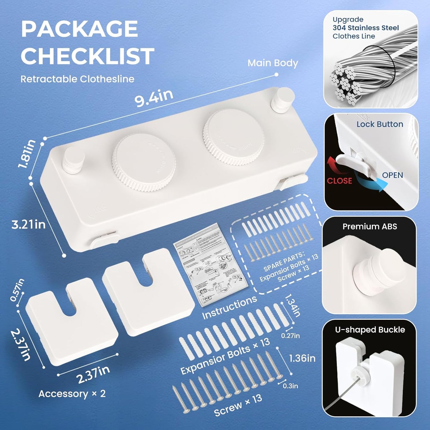 Retractable Clothesline Indoor Outside Heavy-Duty, Upgrade 304 Double Stainless Steel Shower Room Clothes line, Fit Rv Balcony Courtyards Indoor Drying Rack Clothesline, 13.8ft