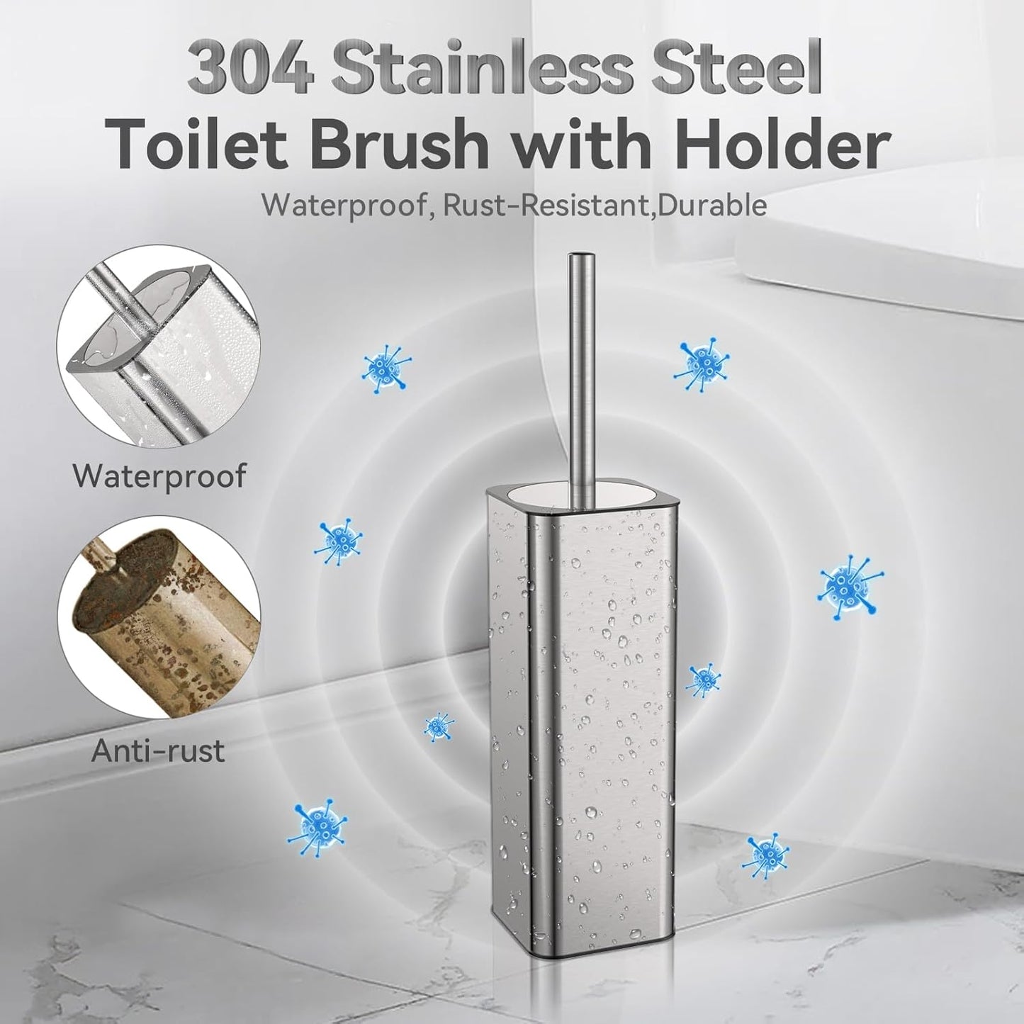 DOWRY Stainless Steel Toilet Bowl Brush and Holder for Bathroom Storage Organization Deep Cleaning Covered Brush Cleaner,Nickel Square