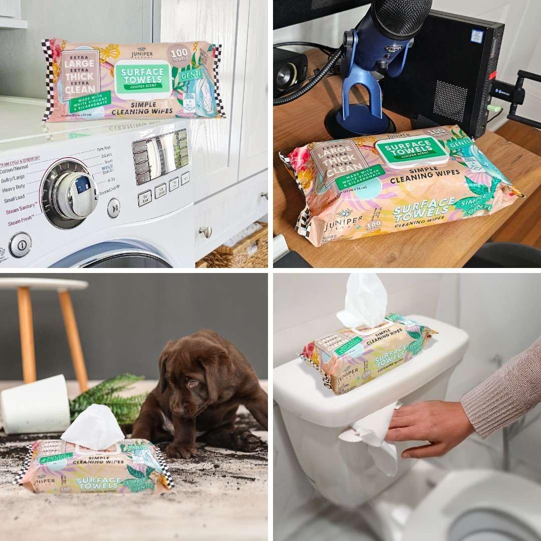 6 Packs Surface Cleaning Wipes Bleach Free, Thick & Large Dispose, All-Purpose Cleaner for Bathroom, Kitchen, Office, 600 Count Soft Flow, Biodegradable, Juniper Scent