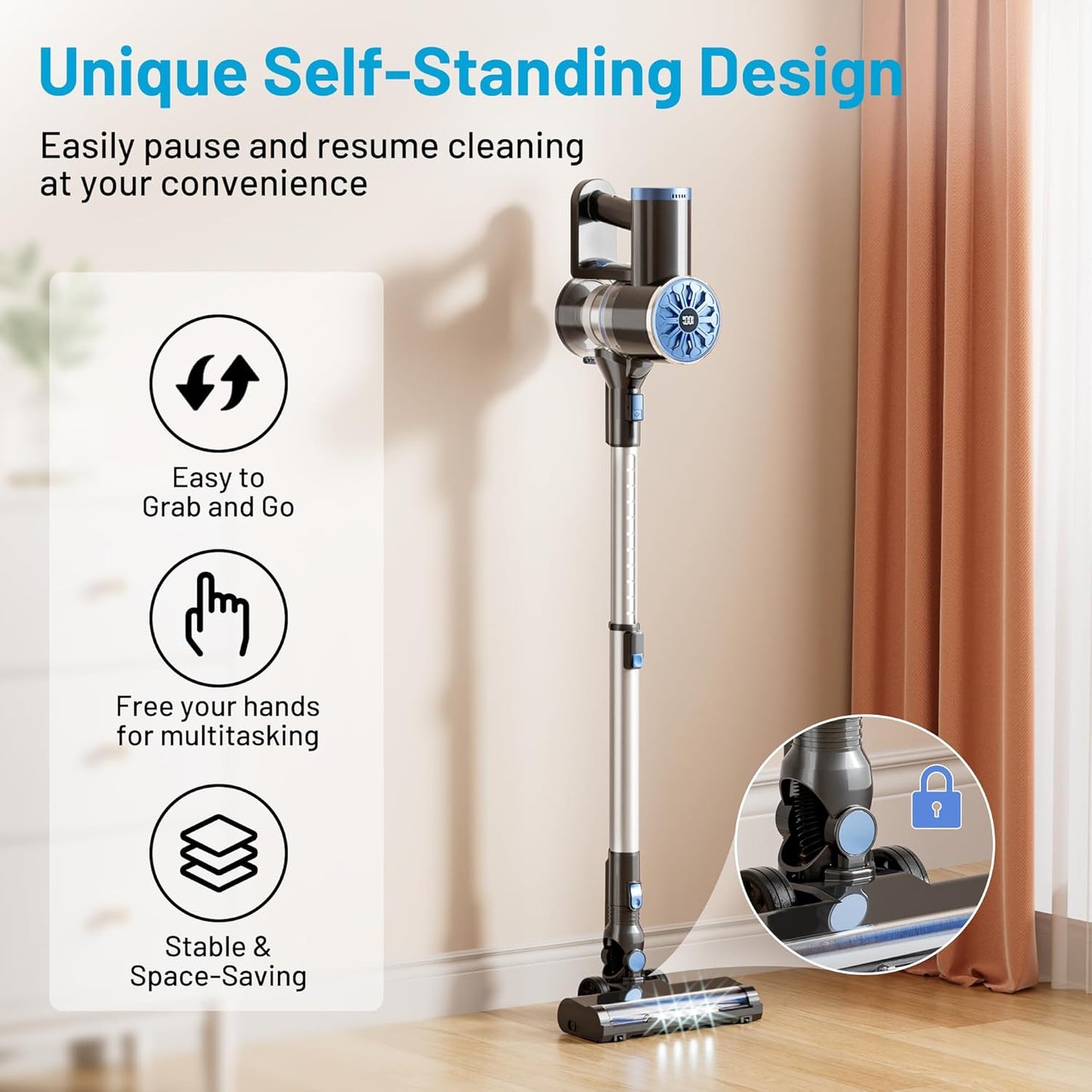 Cordless Vacuum Cleaner with Self-Standing, LED Screen Stick Vacuum Cleaners for Home, Lightweight Powerful Suction Vacuum, 6-in-1 Rechargeable Vacuum for Carpets, Pet Hair, Hardwood Floors