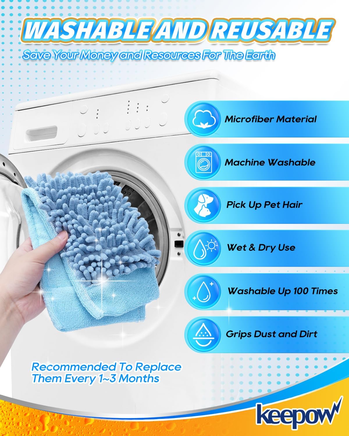 KEEPOW Reusable Microfiber Mop Pads Compatible with Wagner 905e, 915e & 925e Steamers, Reusable Microfiber Cleaning Pad and Chenille Mop Pads for Hardwood Floor Cleaning 2+2 Pack (Mop is Not Included)