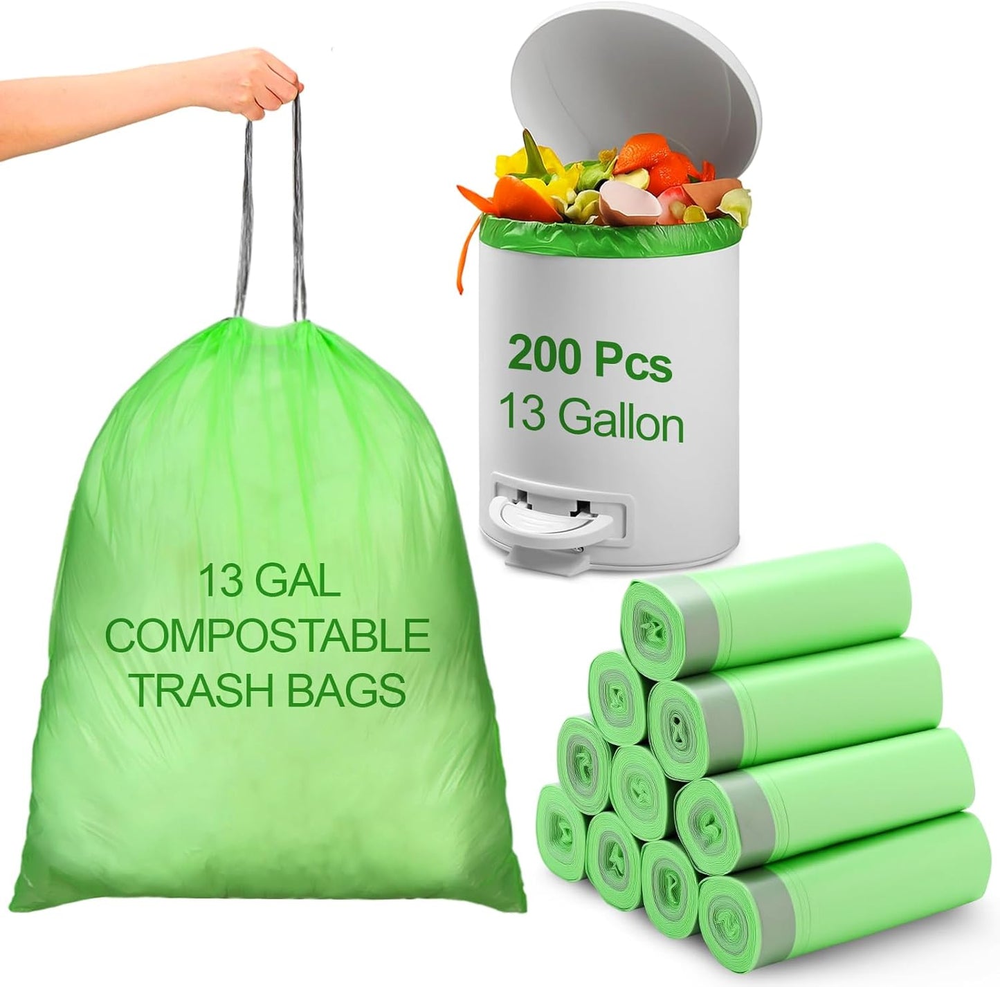 200 Count 13 Gallon Compostable Trash Bags with Drawstring Heavy Duty Extra Thick 1 Mil Kitchen Food Scrap Waste Bag Tear Resistant for Lawn Yard Home Kitchen Office
